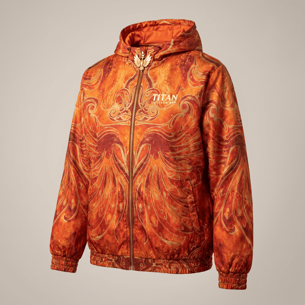 Orange hooded jacket with gold flame graphic and Titan logo on chest.