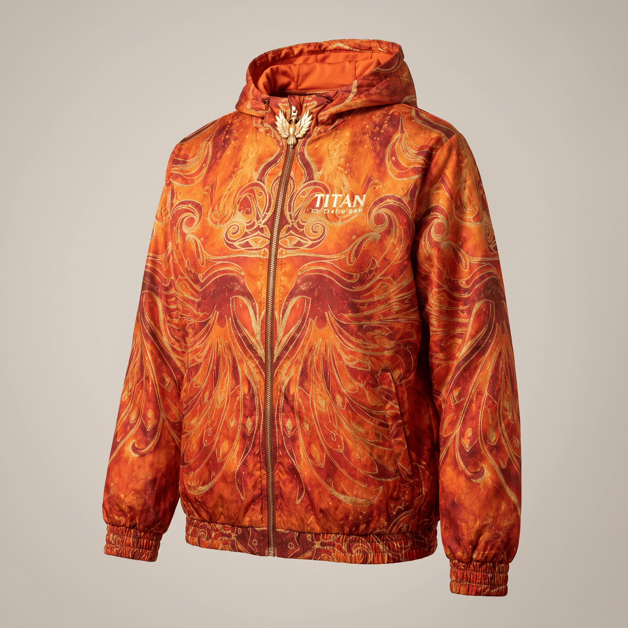 Orange hooded jacket with gold flame graphic and Titan logo on chest.