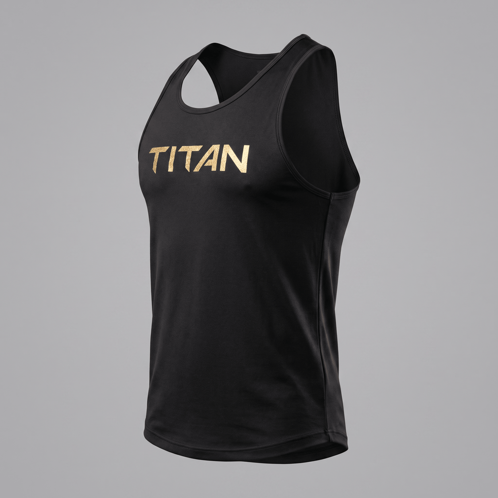 Black athletic tank top featuring gold metallic Titan logo on the chest, viewed from a side angle.