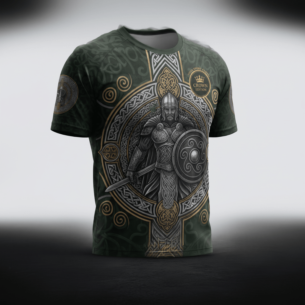 Green t-shirt featuring a detailed Celtic warrior graphic with a sword, shield, and intricate gold patterns.