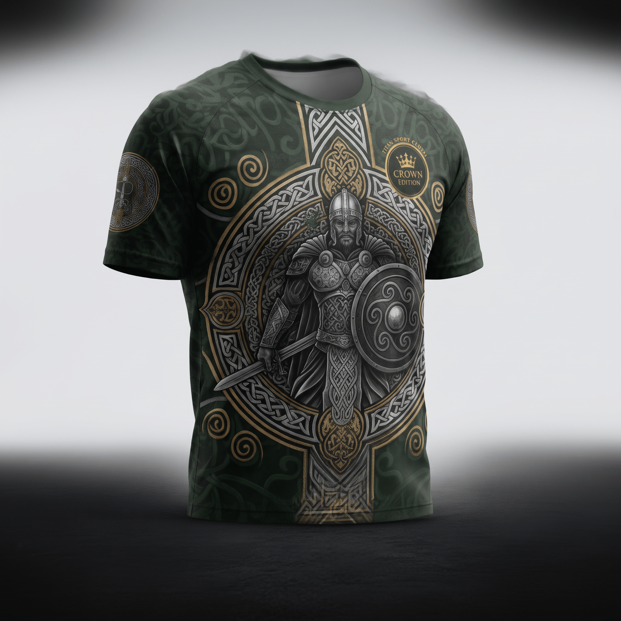 Green t-shirt featuring a detailed Celtic warrior graphic with a sword, shield, and intricate gold patterns.