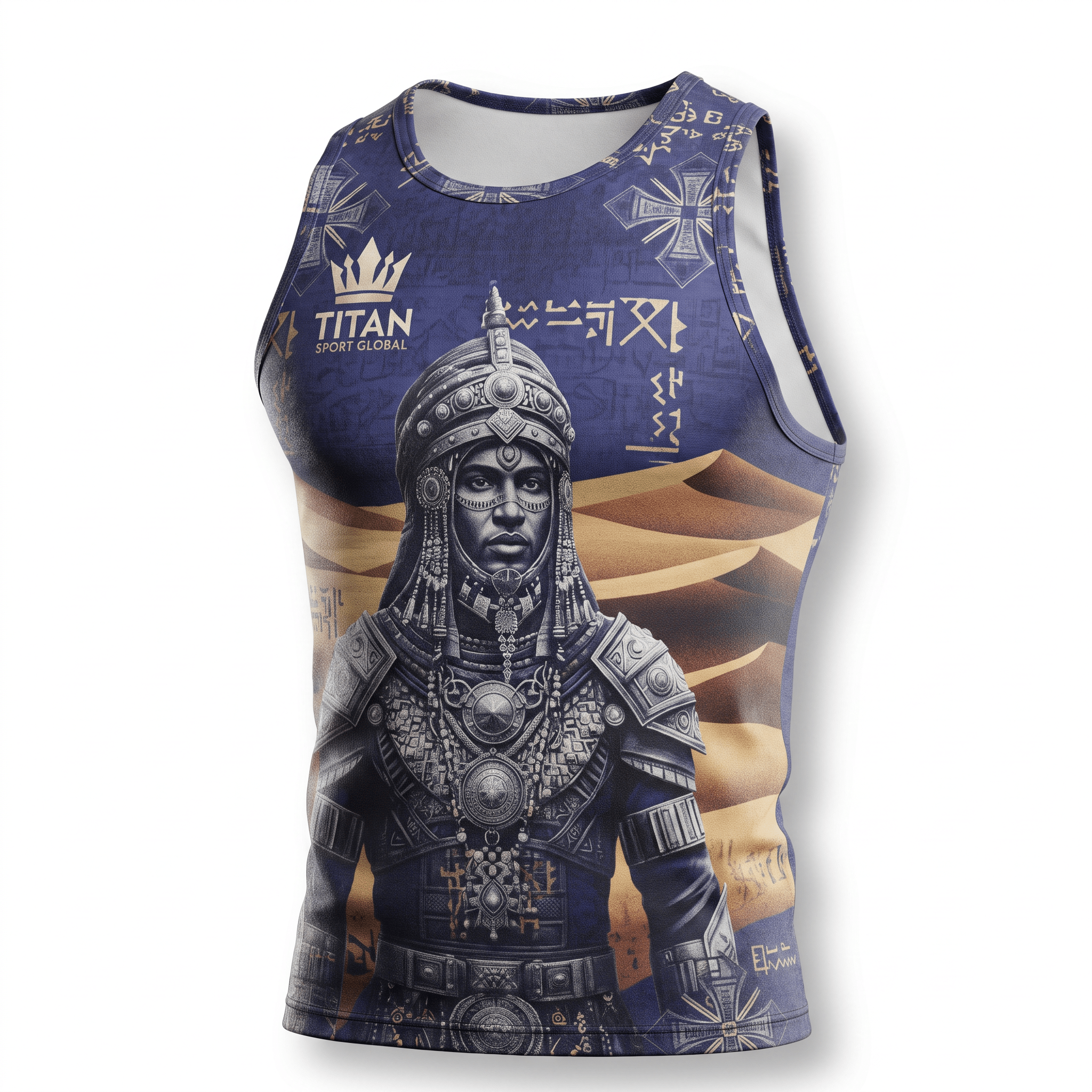 Blue tank top featuring an ancient warrior graphic in armor, desert dunes, and gold symbols.