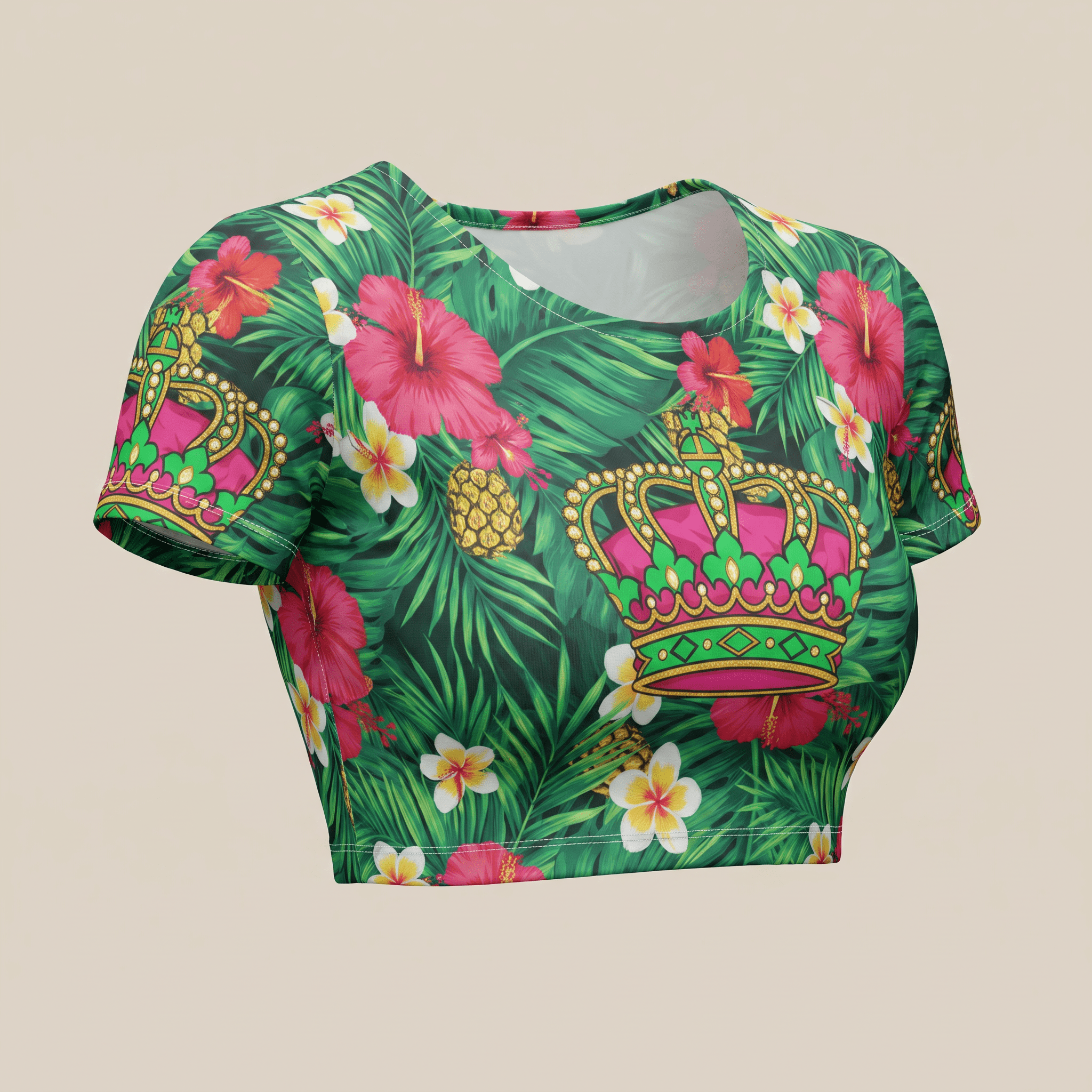 Green crop top with a tropical hibiscus flower pattern and ornate gold and pink crown graphic.