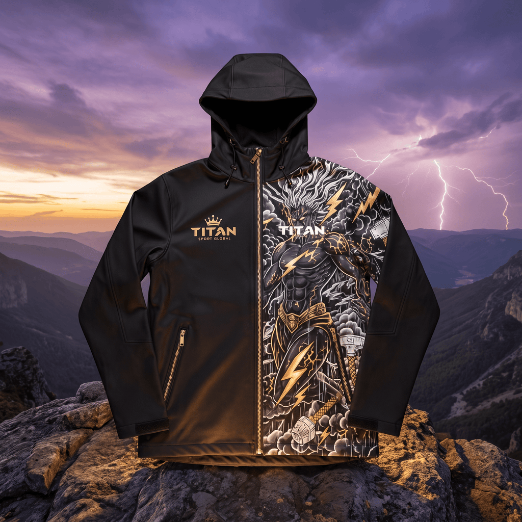 Black hoodie with gold accents, Titan logo, and a graphic of a lightning-themed character on a mountain peak background.