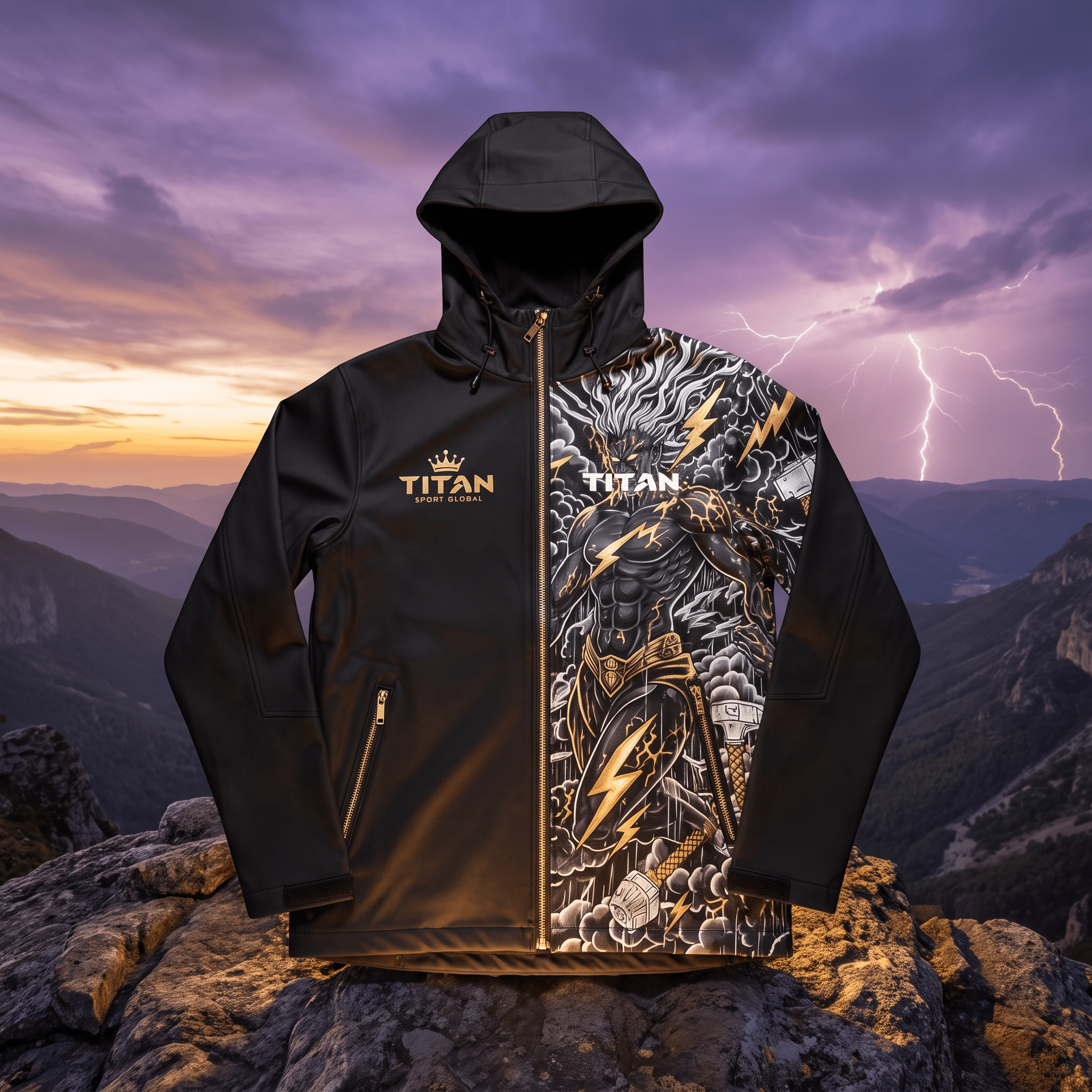 Black hoodie with gold accents, Titan logo, and a graphic of a lightning-themed character on a mountain peak background.