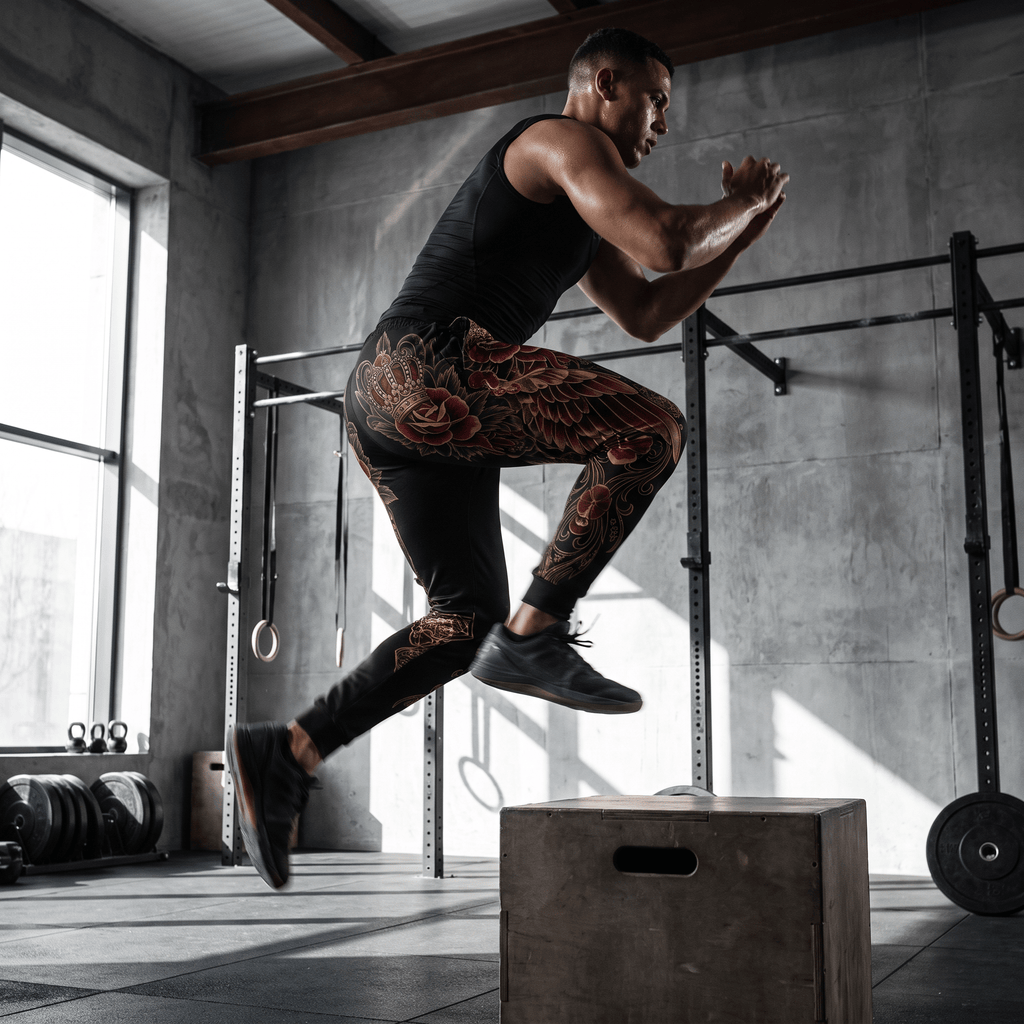 An athlete jumps over a wooden box in a gym, wearing black graphic joggers.