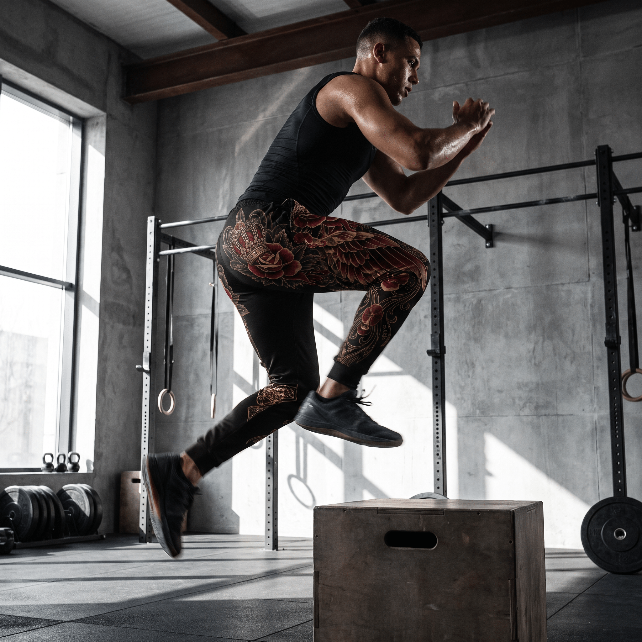 An athlete jumps over a wooden box in a gym, wearing black graphic joggers.