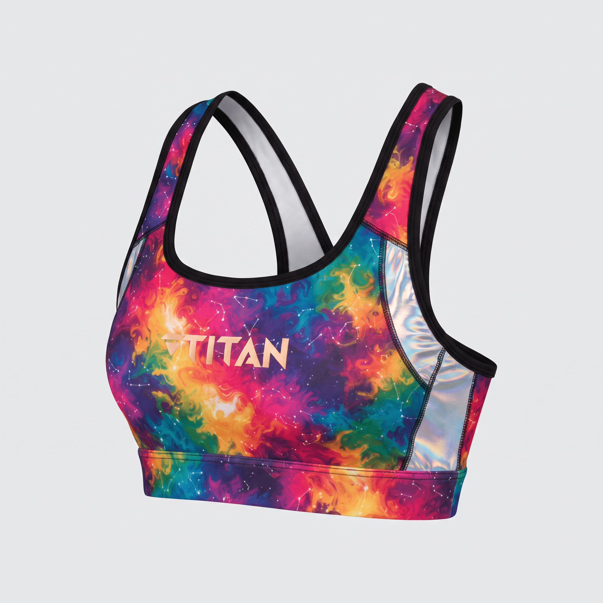 Titan sports bra featuring a vibrant multicolored nebula print with constellations and rose gold branding.