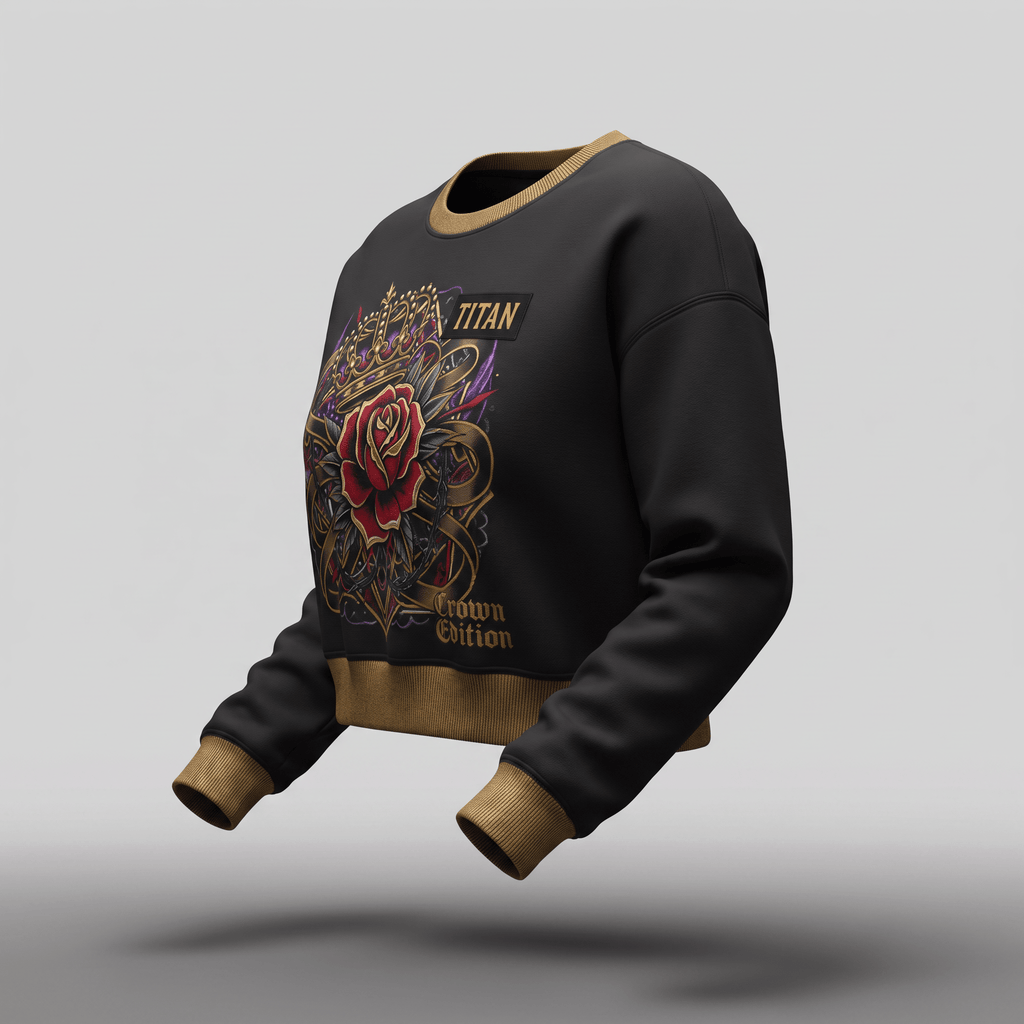 Black sweatshirt with gold trim, featuring a crown, rose graphic, and Titan Crown Edition text.