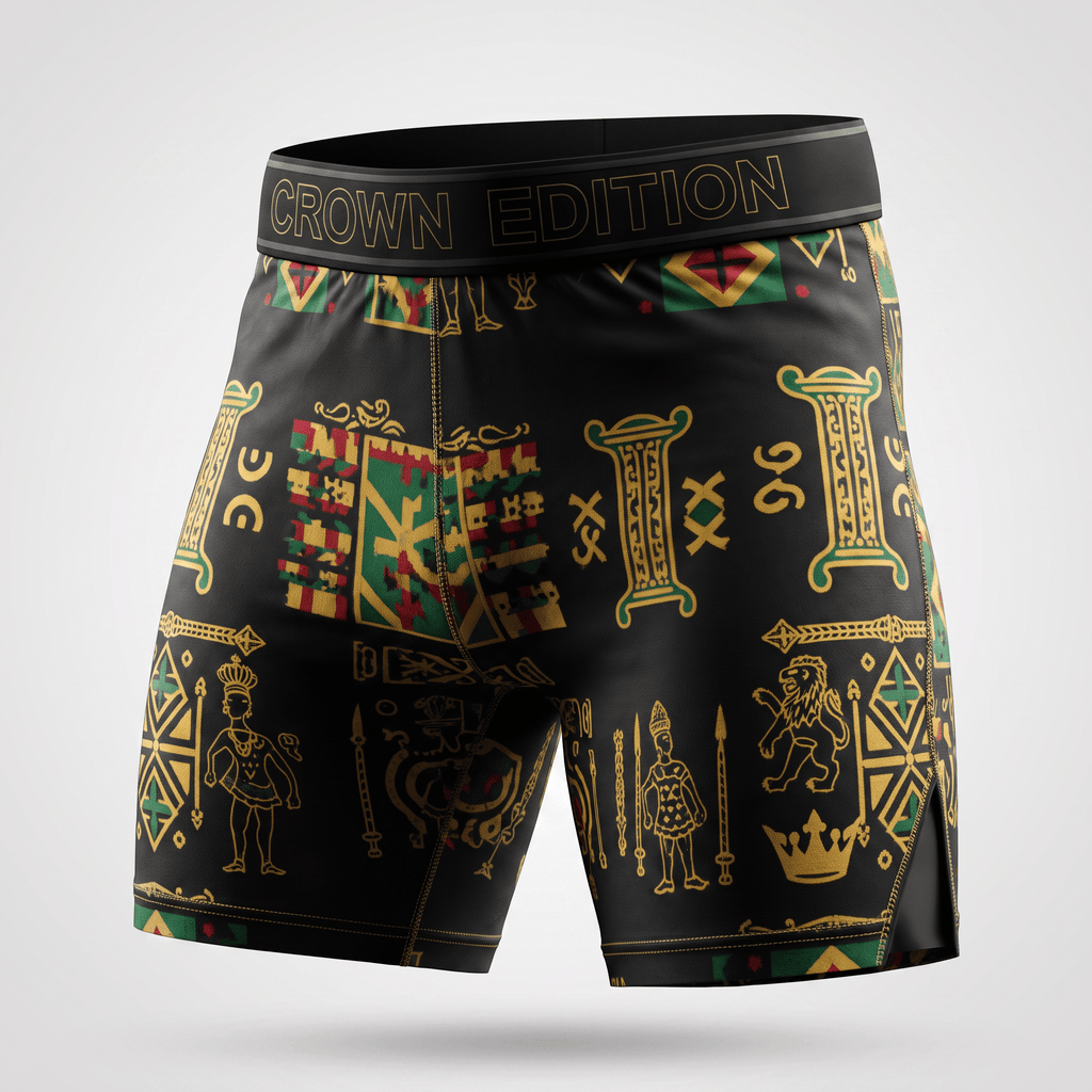 Black compression shorts with gold, green, and red African heritage patterns and Crown Edition waistband.