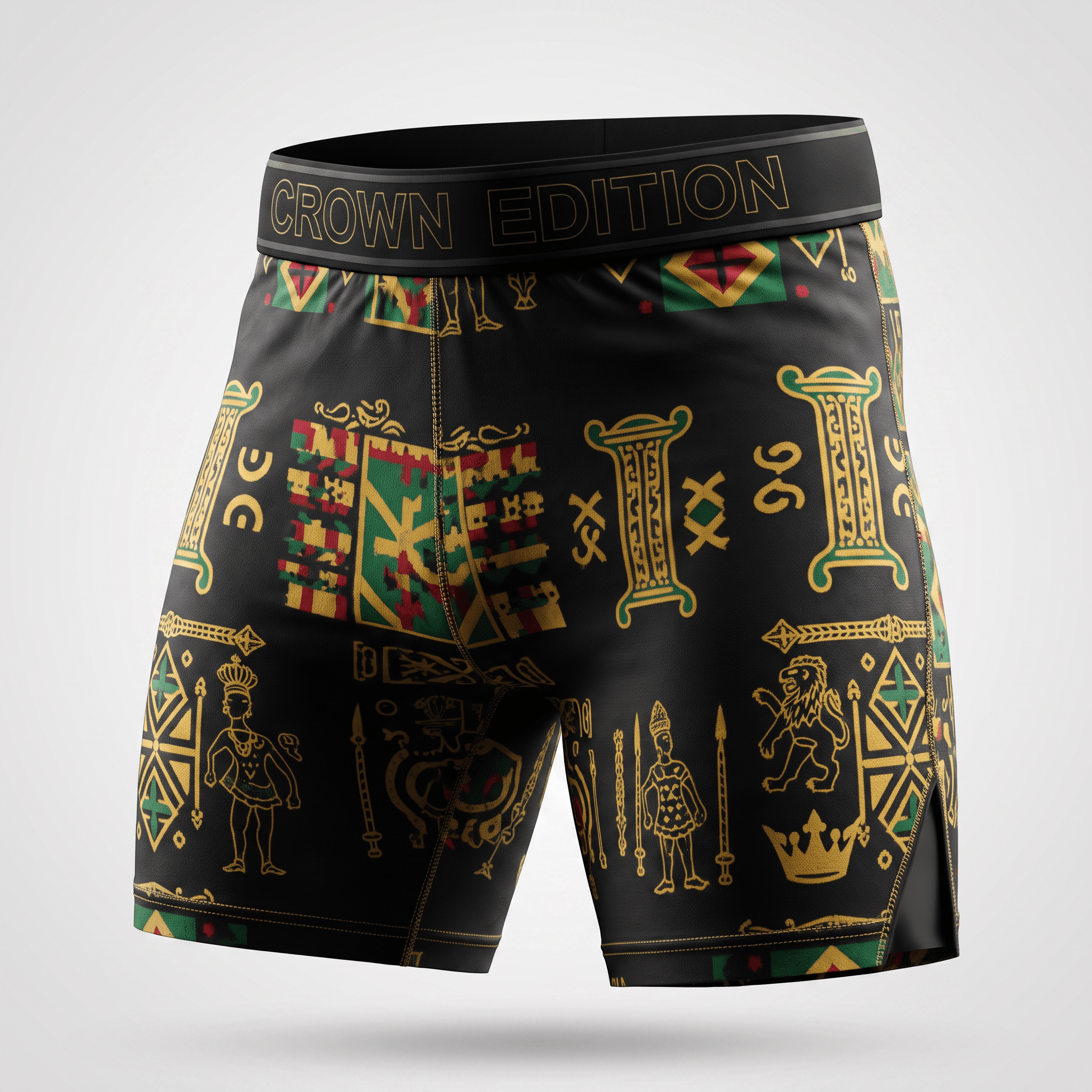 Black compression shorts with gold, green, and red African heritage patterns and Crown Edition waistband.