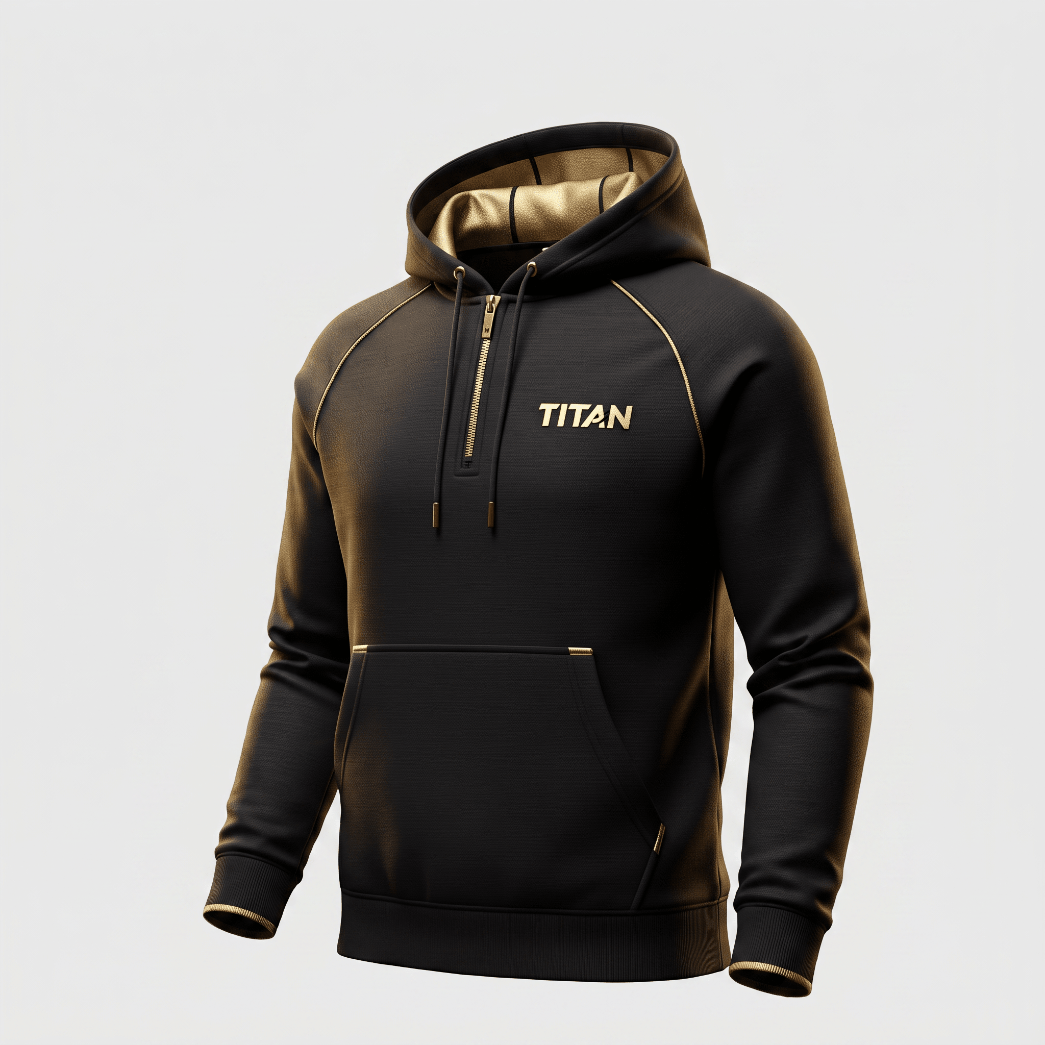 Black hoodie with gold accents, quarter zip, front pocket, and Titan logo on chest.