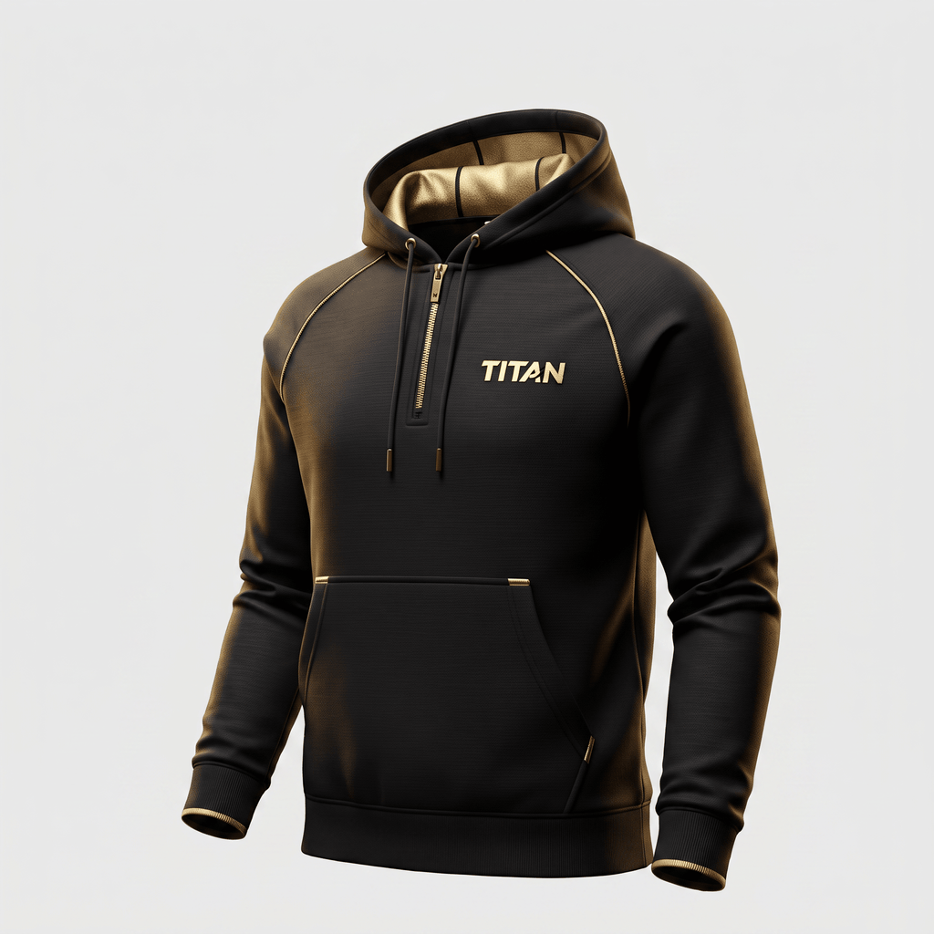Black hoodie with gold accents, quarter-zip, and Titan logo on chest.