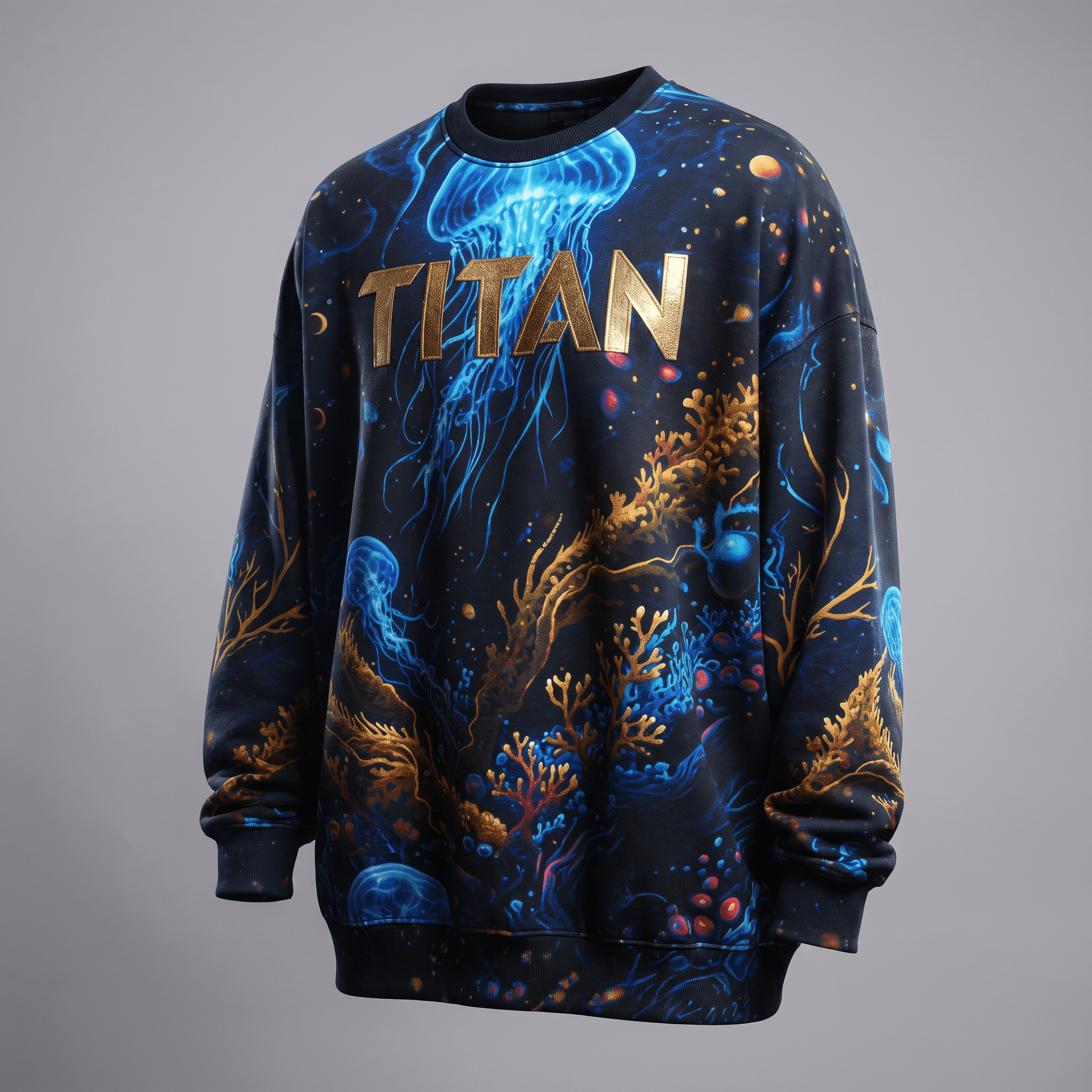 Black crewneck sweatshirt featuring blue jellyfish, gold coral graphics, and gold TITAN text.