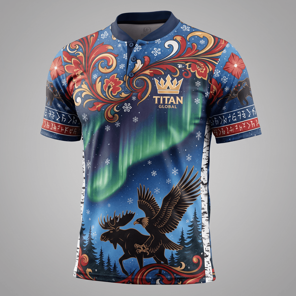 Blue Titan Global polo shirt featuring a northern lights, moose, eagle, and floral design.