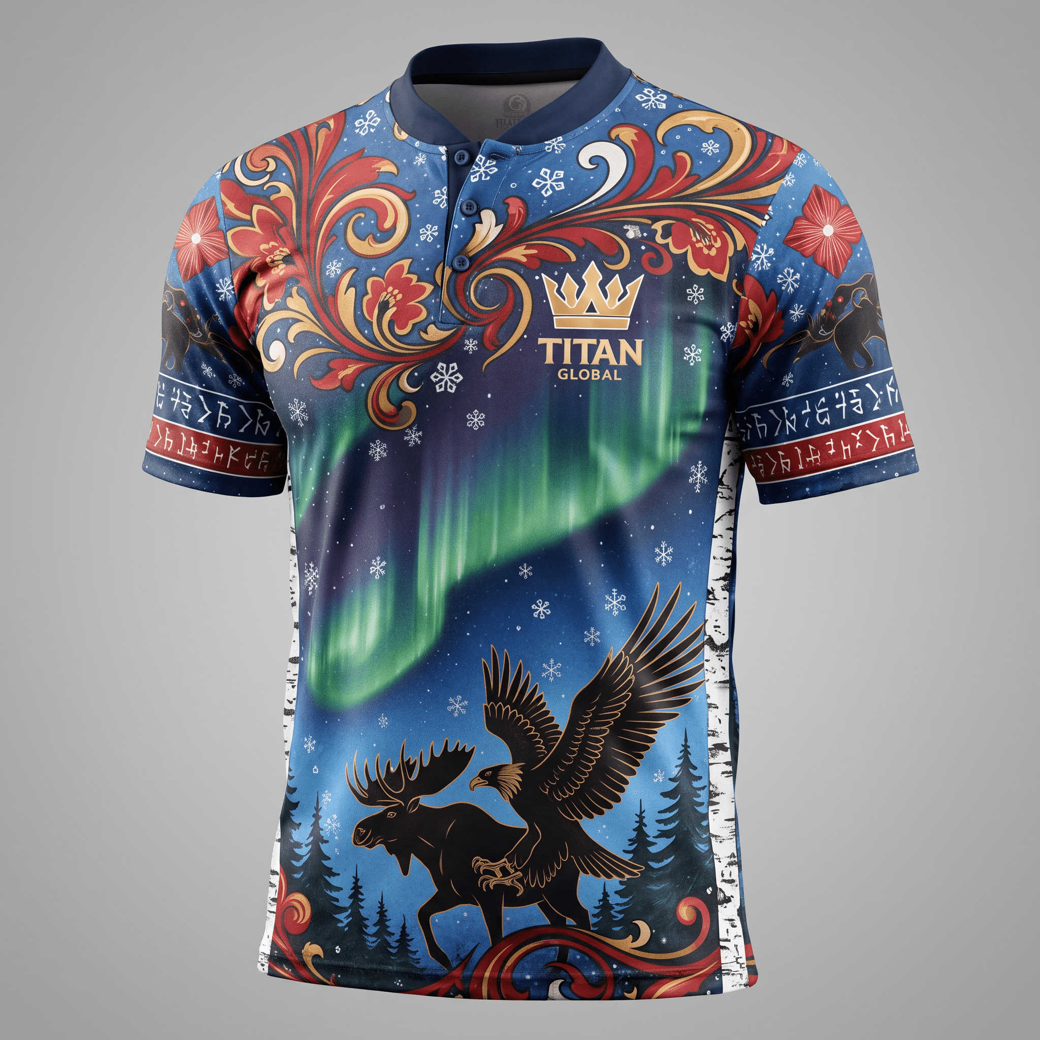 Blue Titan Global polo shirt featuring a northern lights, moose, eagle, and floral design.