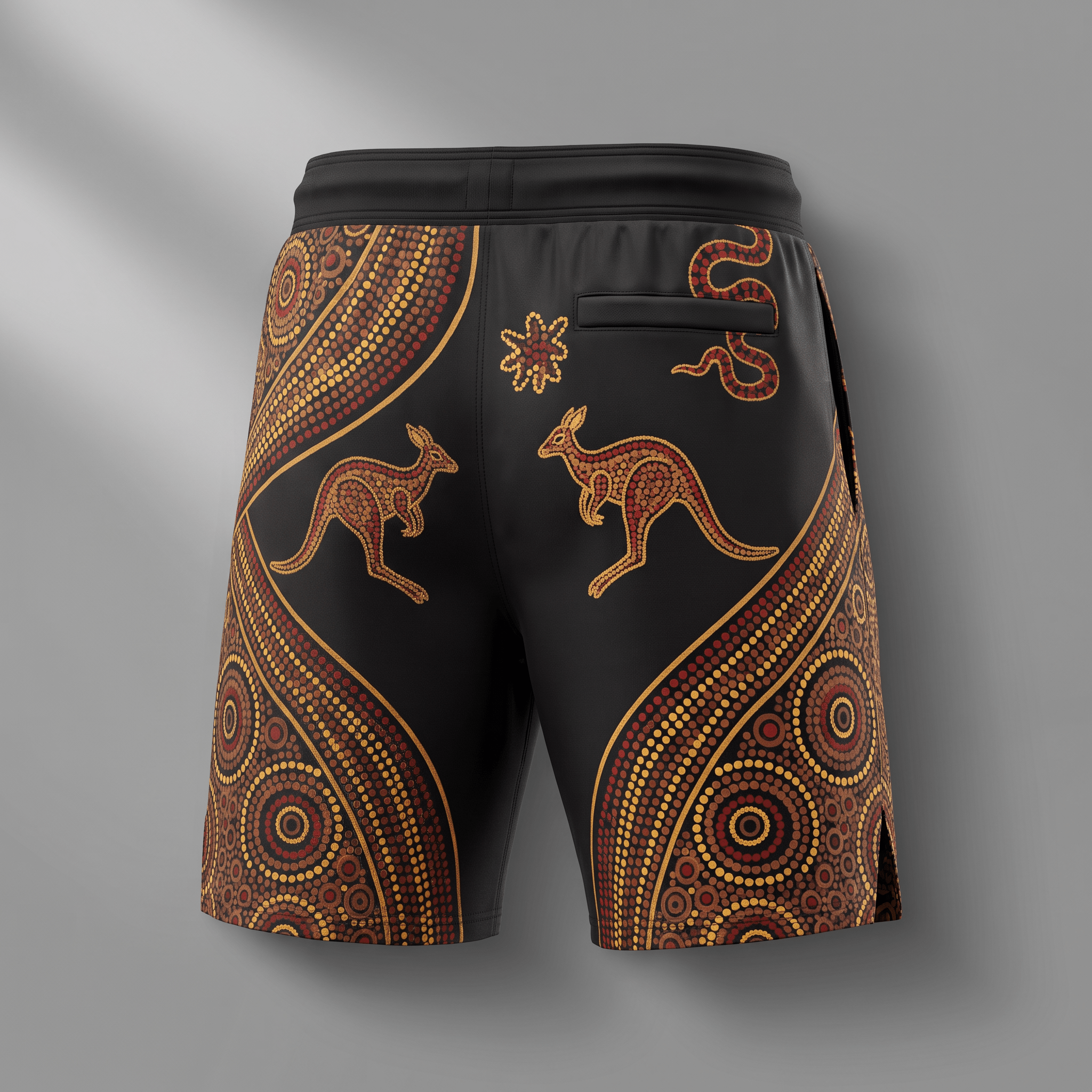 Black athletic shorts with Indigenous dot art featuring kangaroos and snakes in red and gold, rear view.