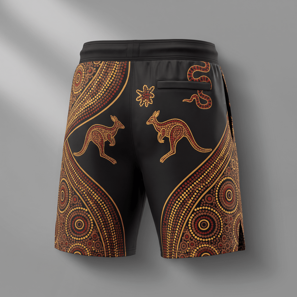 Black athletic shorts featuring Indigenous-style dot art with kangaroos and snake motifs.