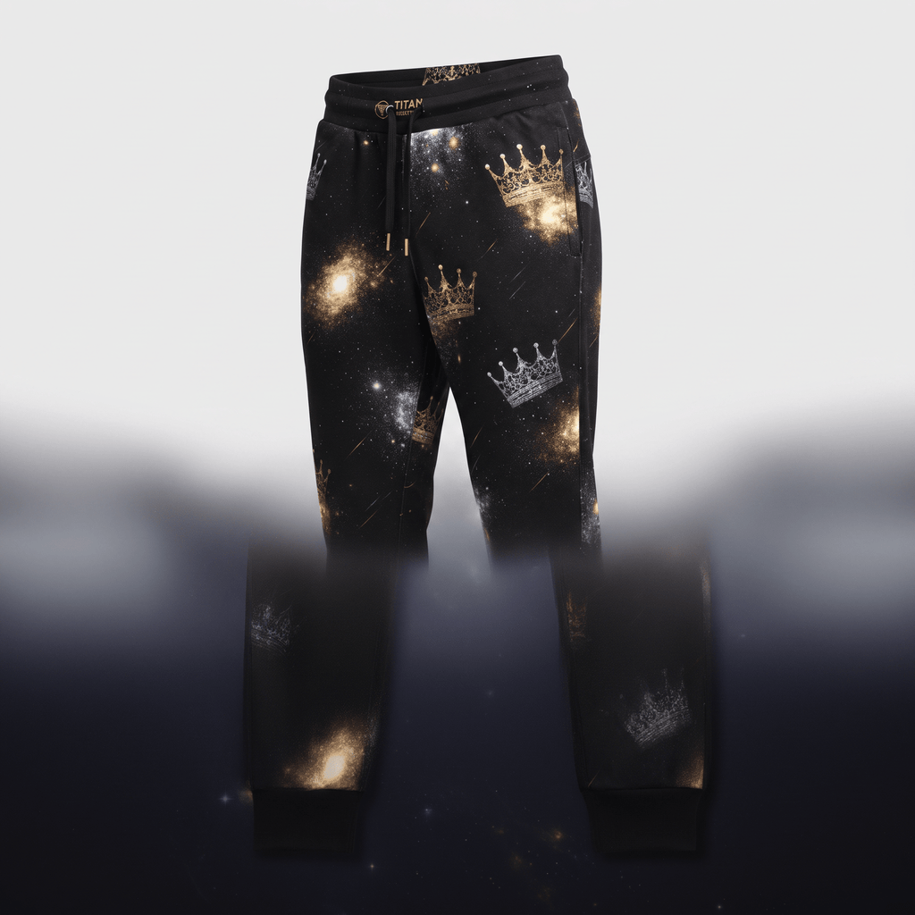 Black joggers with a gold galaxy print and crown motifs, featuring a drawstring waistband and cuffed ankles.