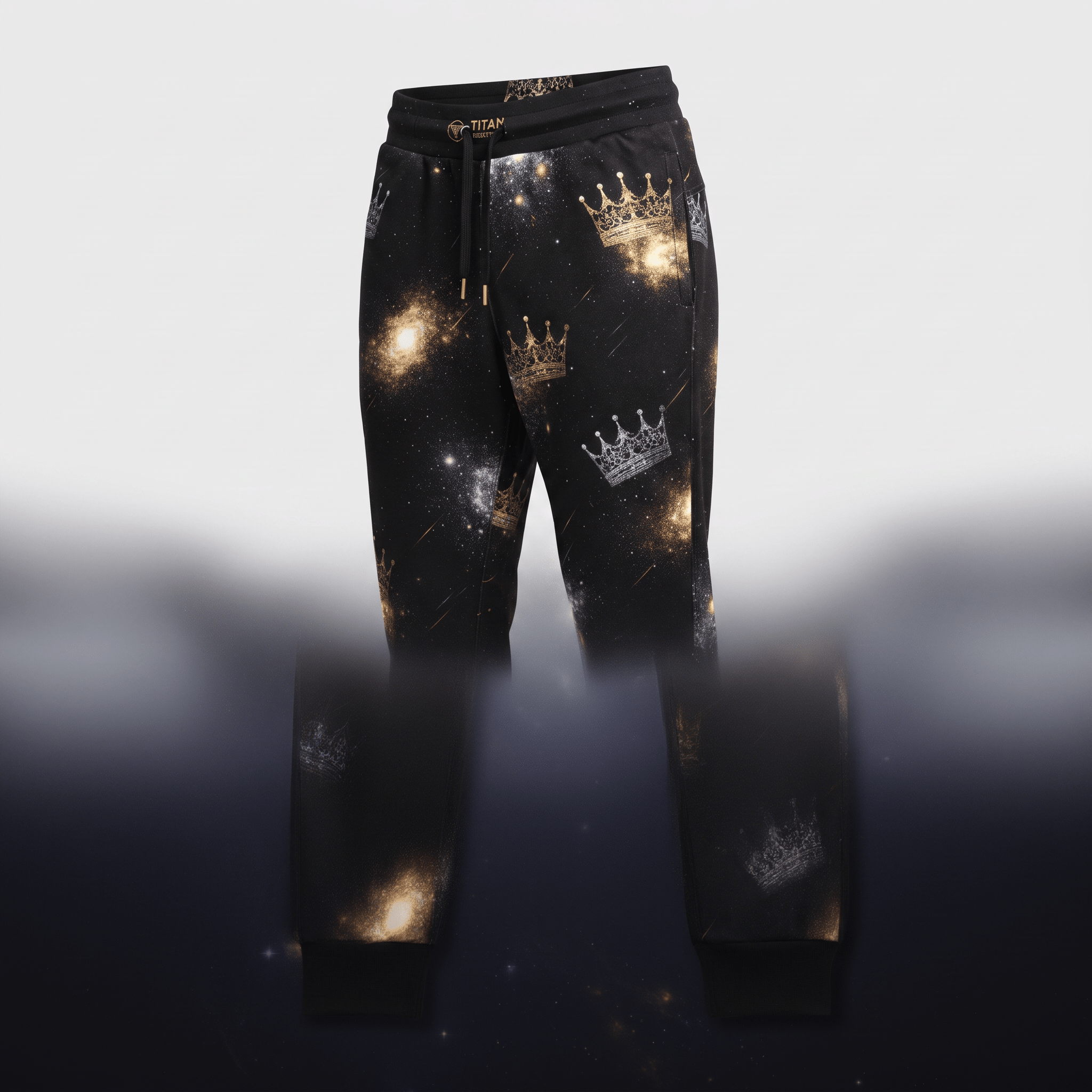 Black joggers with a gold galaxy print and crown motifs, featuring a drawstring waistband and cuffed ankles.