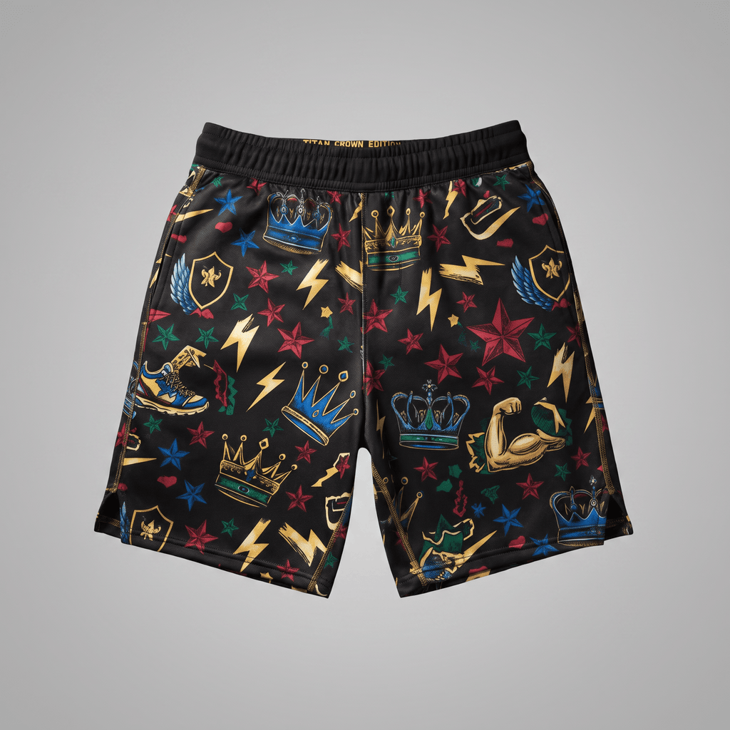 Black athletic shorts with an all-over tattoo style print of crowns, stars, lightning bolts, and sneakers.