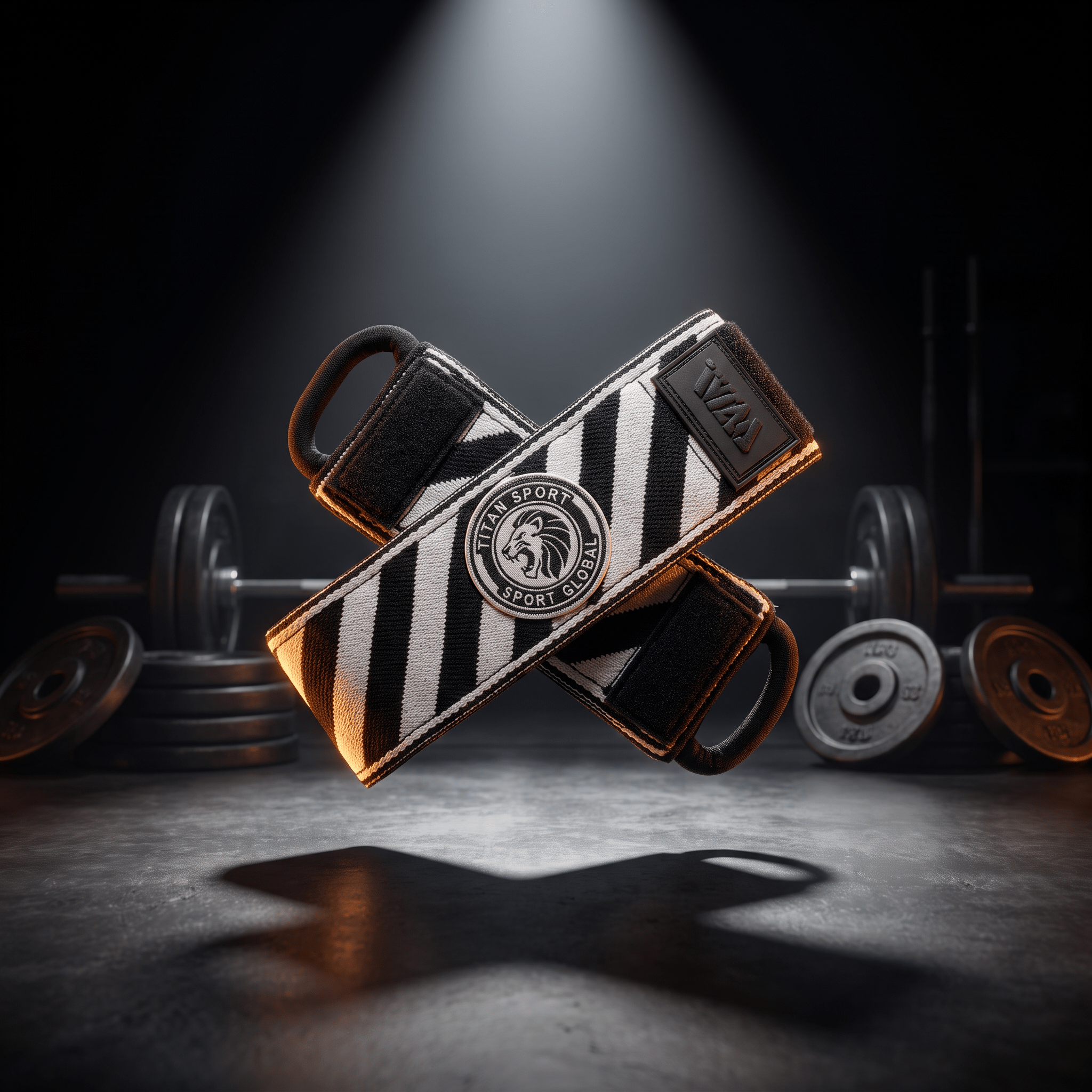Black and white striped weightlifting straps with a Titan Sport Global lion emblem, displayed in a gym.