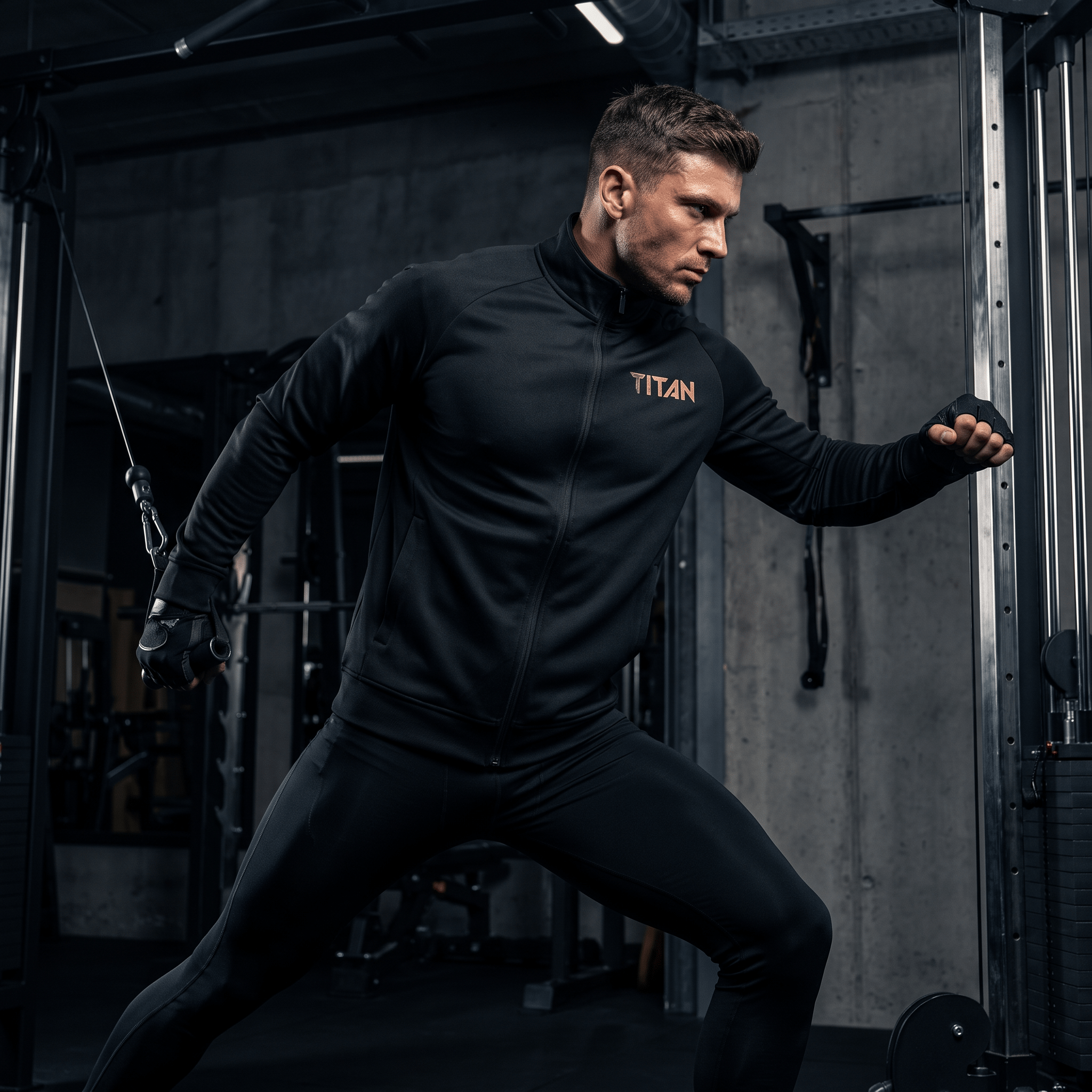 An athlete in a black TITAN track suit set does cable flyes in a gym.