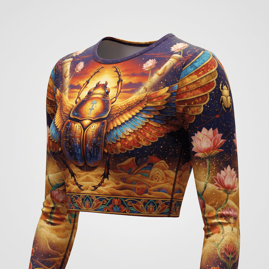 Long sleeve crop top featuring vibrant Egyptian scarab and lotus flower graphic print against a starry sunset sky.