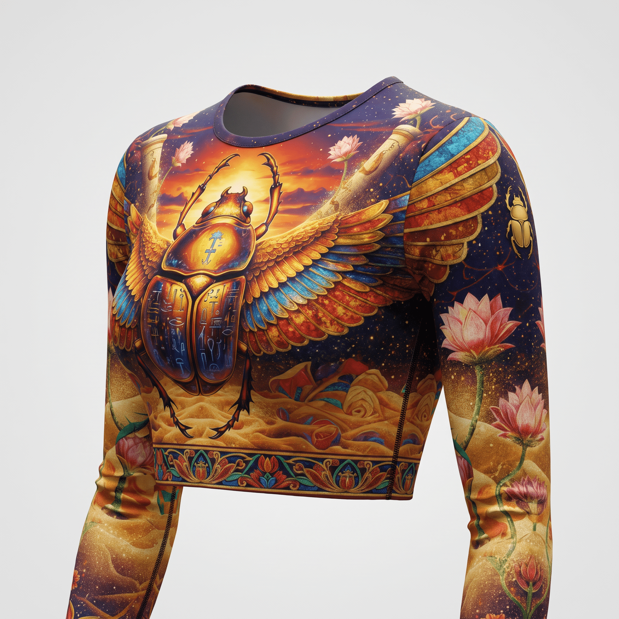 Long sleeve crop top featuring vibrant Egyptian scarab and lotus flower graphic print against a starry sunset sky.