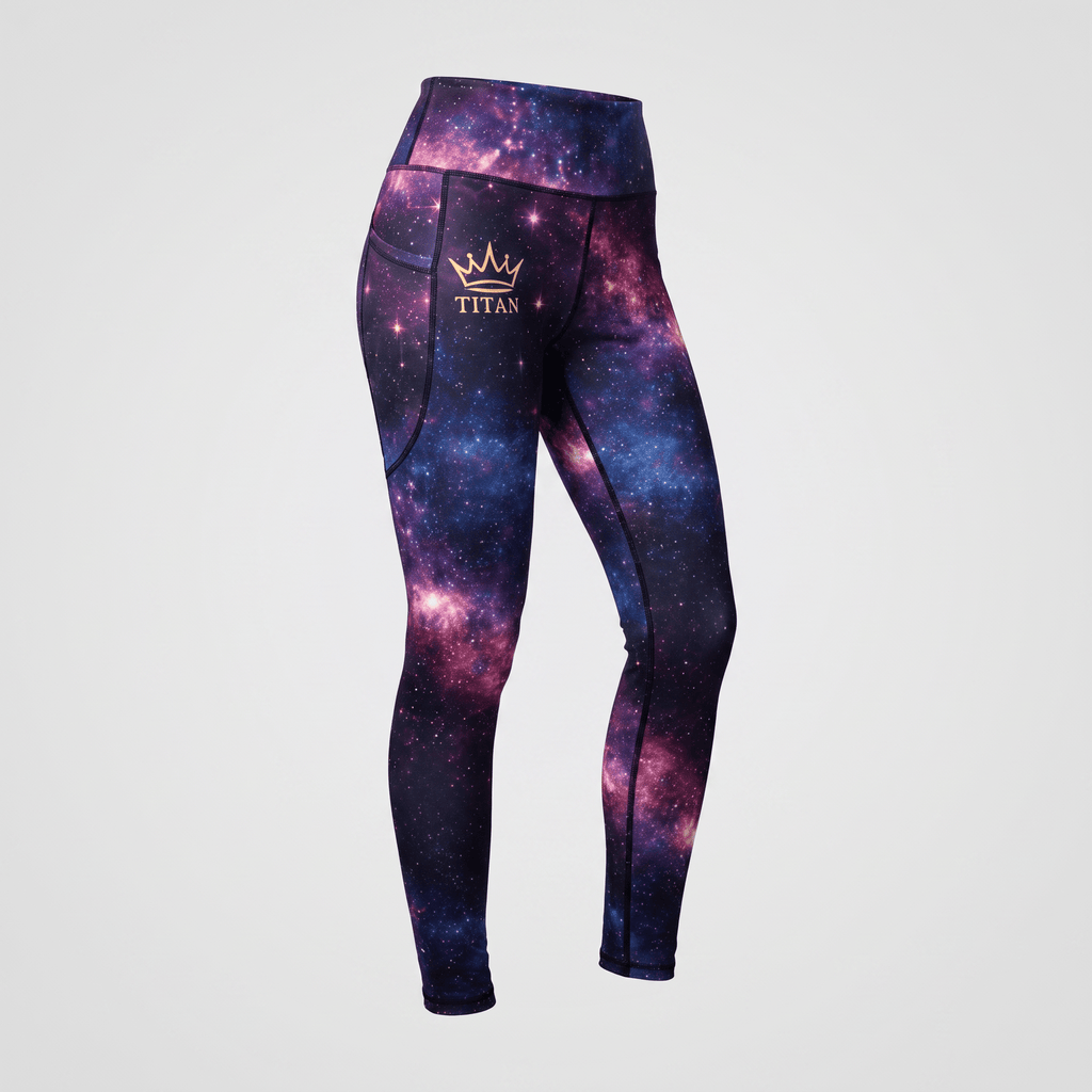 High-waisted galaxy print athletic leggings in purple and blue with a gold crown Titan logo on the side pocket.