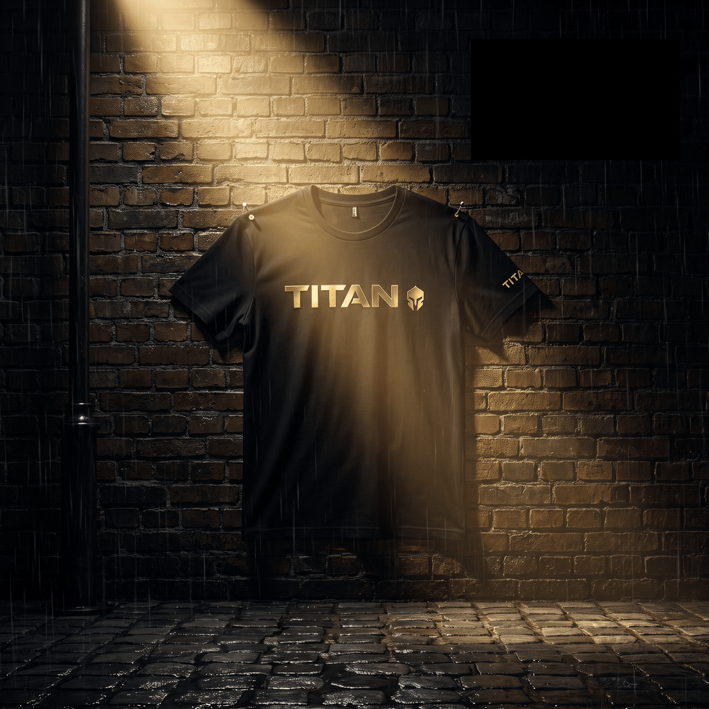 Black athletic t-shirt with gold "TITAN" text and spartan helmet logo, displayed on a brick wall under street lighting.