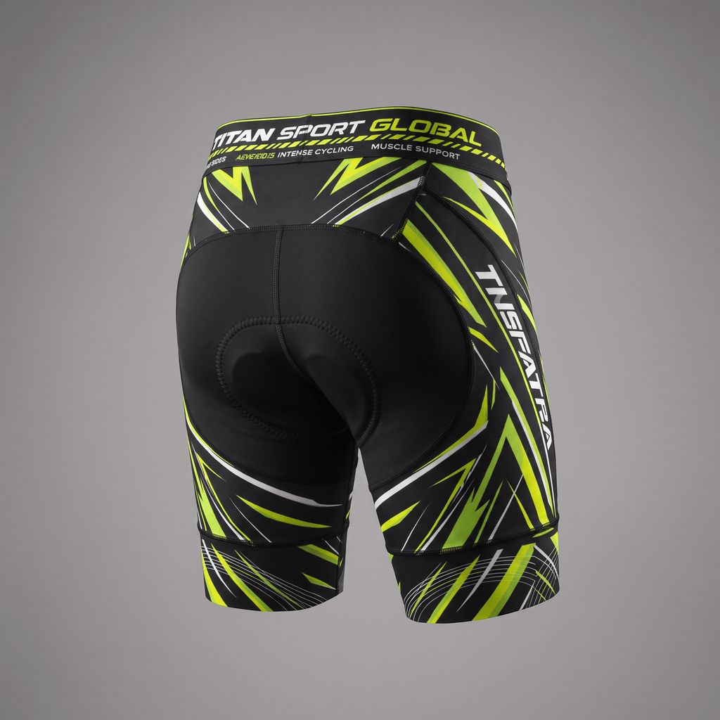 Back view of black cycling shorts with lime green and white graphic panels and padded chamois.