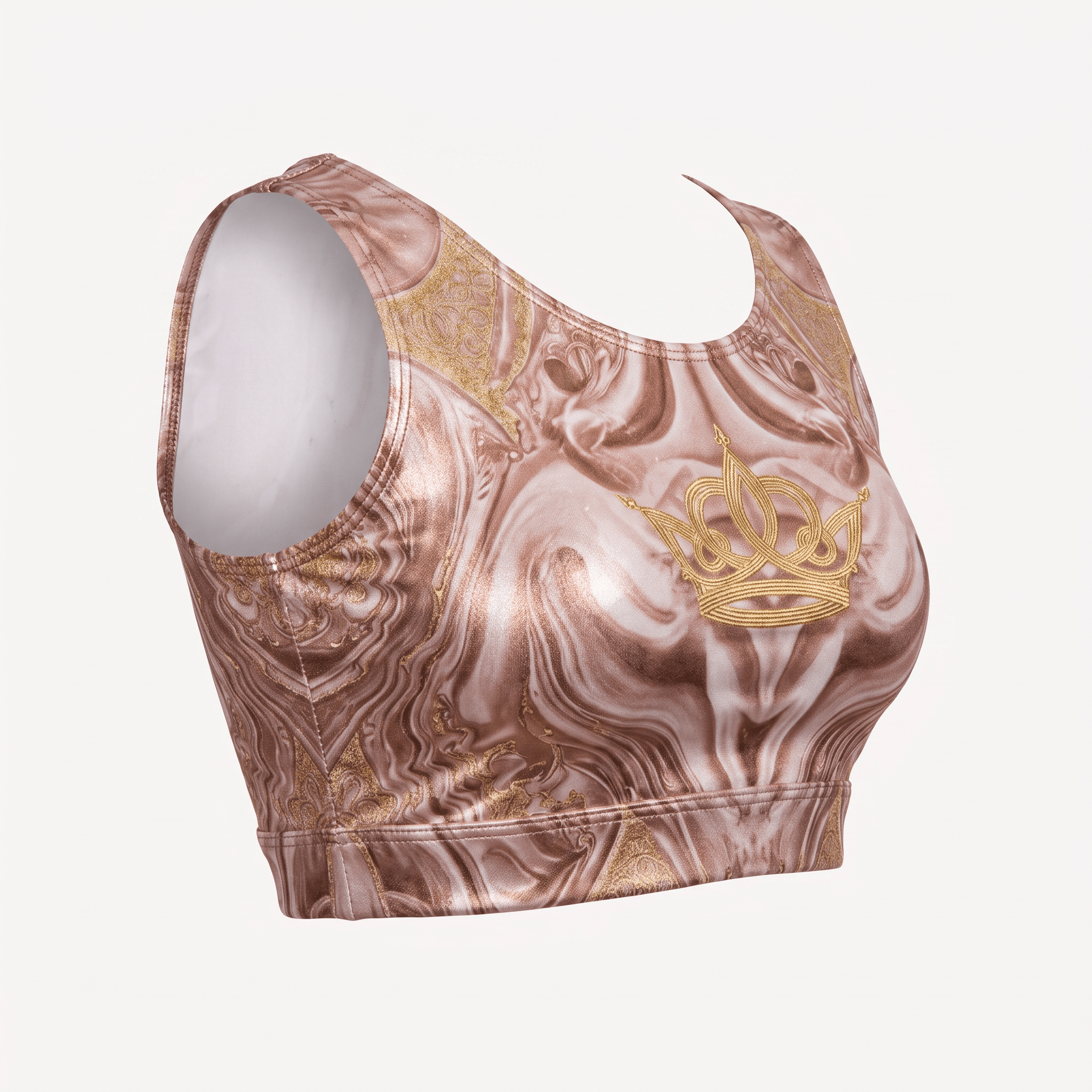 Rose gold metallic sports bra with marble swirl pattern and embroidered gold crown logo on the front.