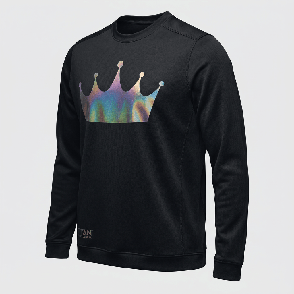 Black long-sleeve crewneck sweatshirt with a large iridescent crown graphic on the front.