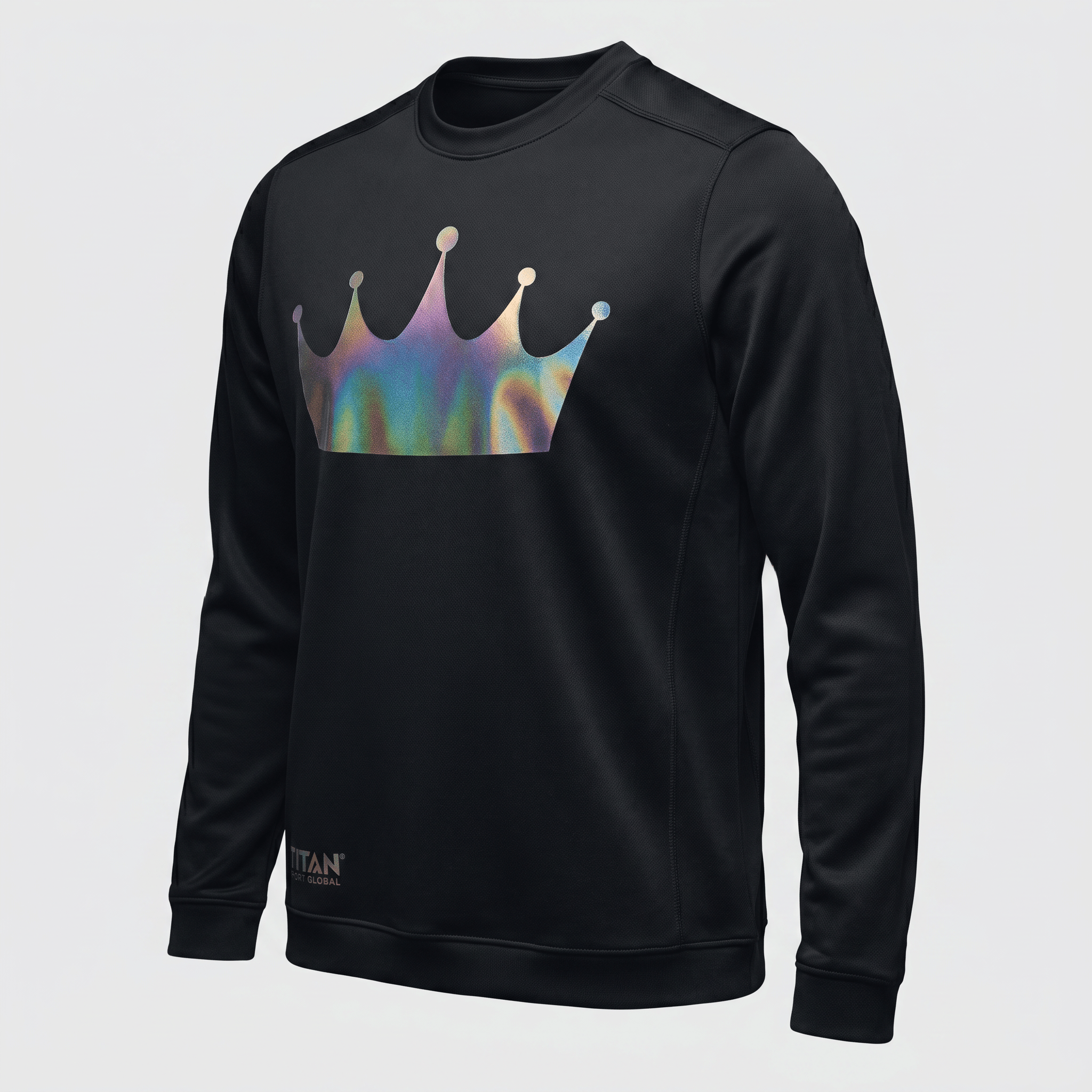 Black long-sleeve crewneck sweatshirt with a large iridescent crown graphic on the front.