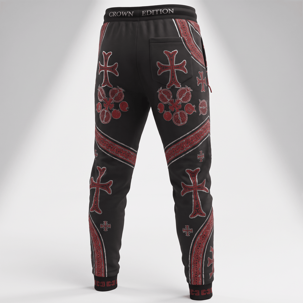 Back view of black Crown Edition sweatpants with red cross and floral graphic prints.