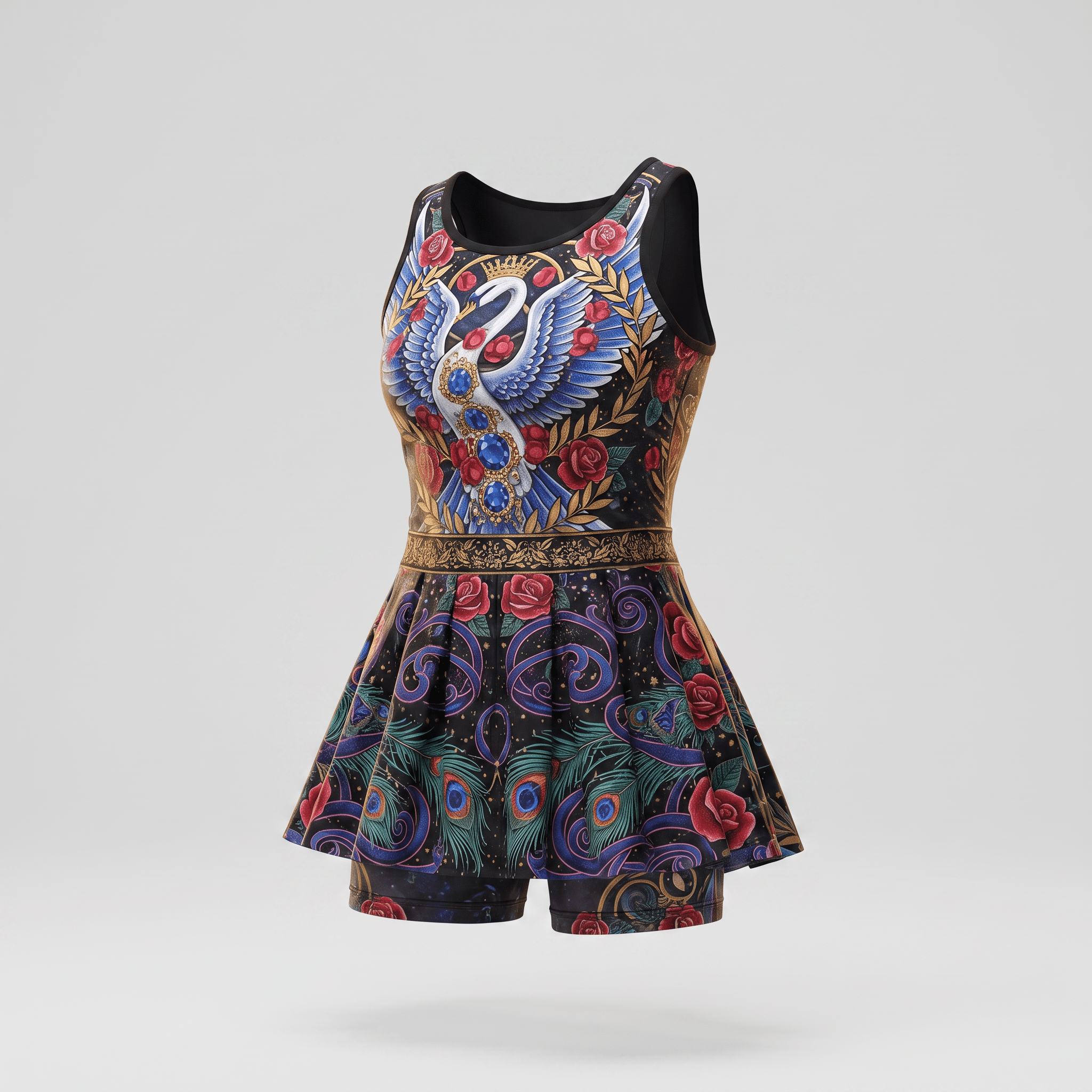 Black athletic tennis dress with blue swan, red roses, and peacock feather print.