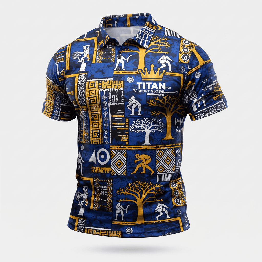 Blue and gold Titan Sport Global polo shirt with an all-over Greek mythology print.