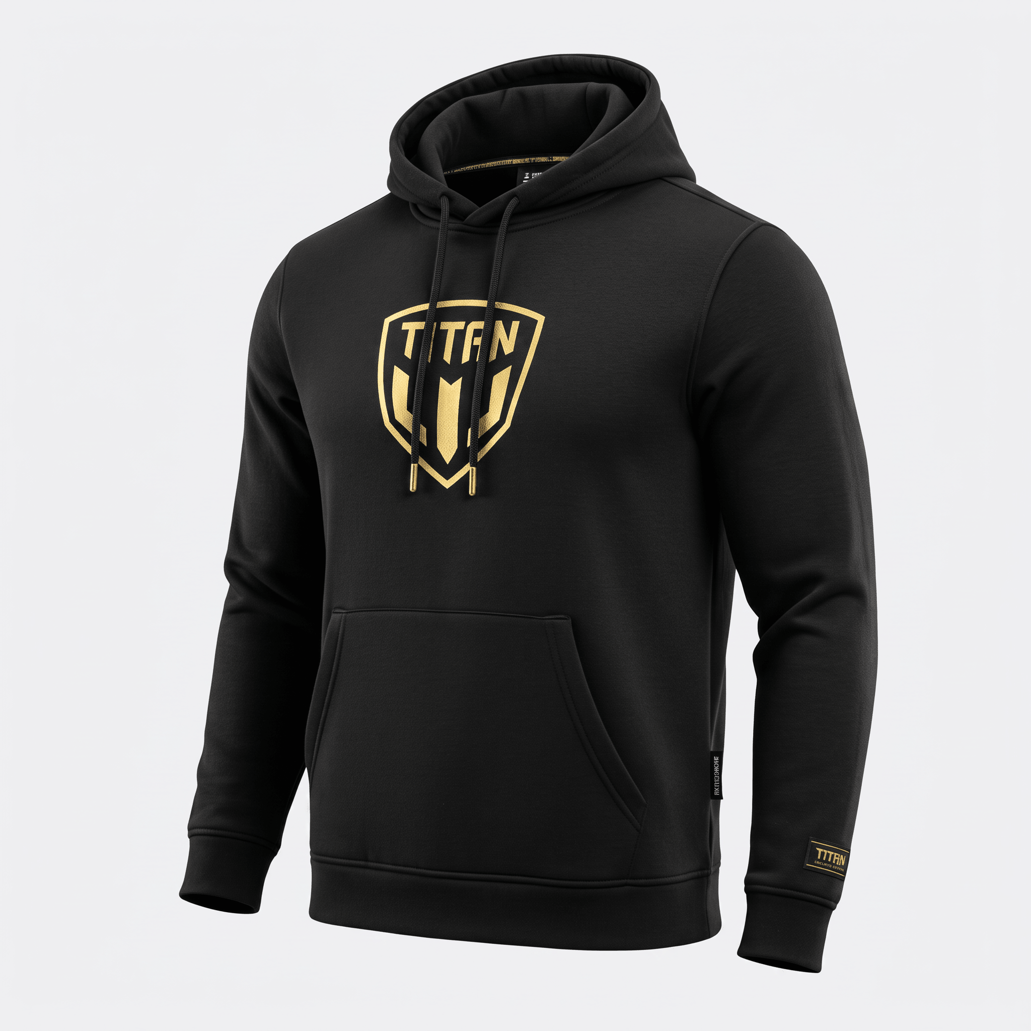 Black hoodie with a gold Titan shield logo on the chest, drawstring hood, and front pocket.