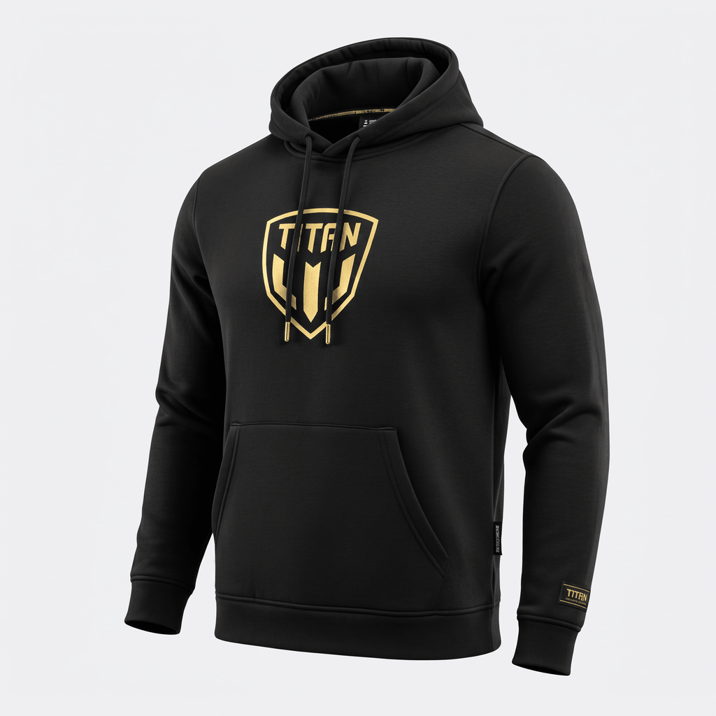 Black hoodie with gold Titan shield logo on chest, drawstring hood, and front pocket against a white background.