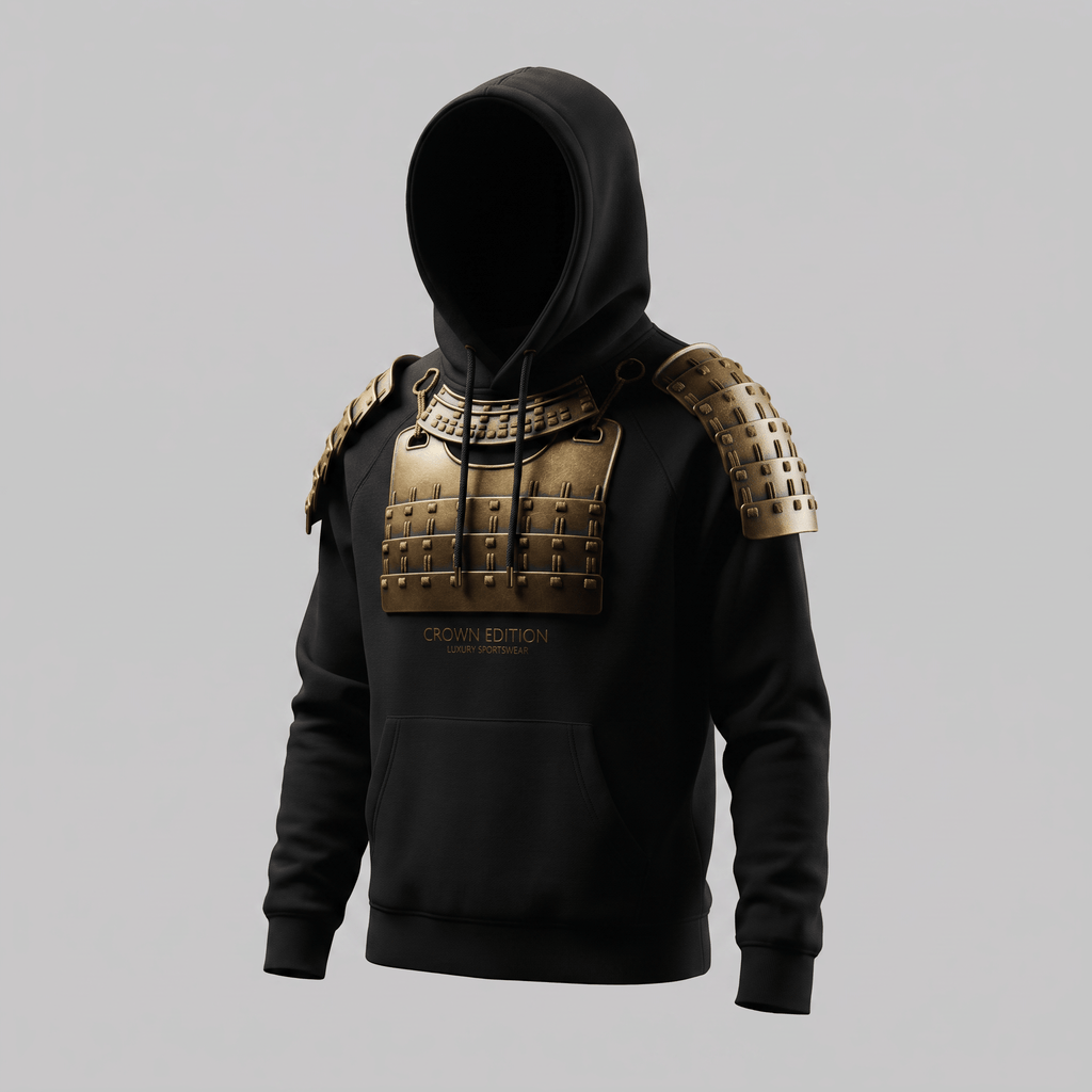 Black hoodie featuring gold samurai armor plates on the chest and shoulders with Crown Edition branding.