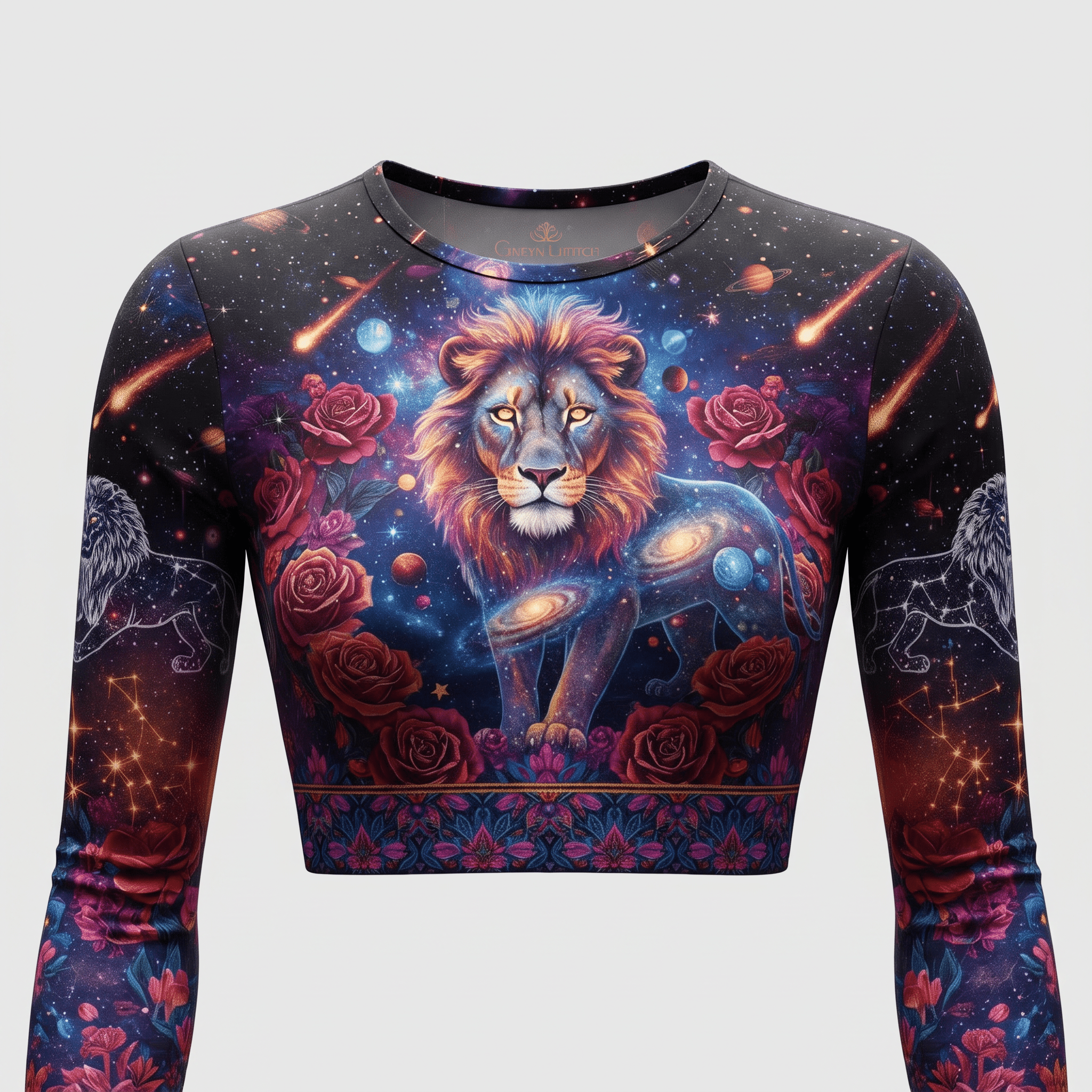 Black long sleeve crop top featuring cosmic lion, galaxy, and red rose graphic allover print.