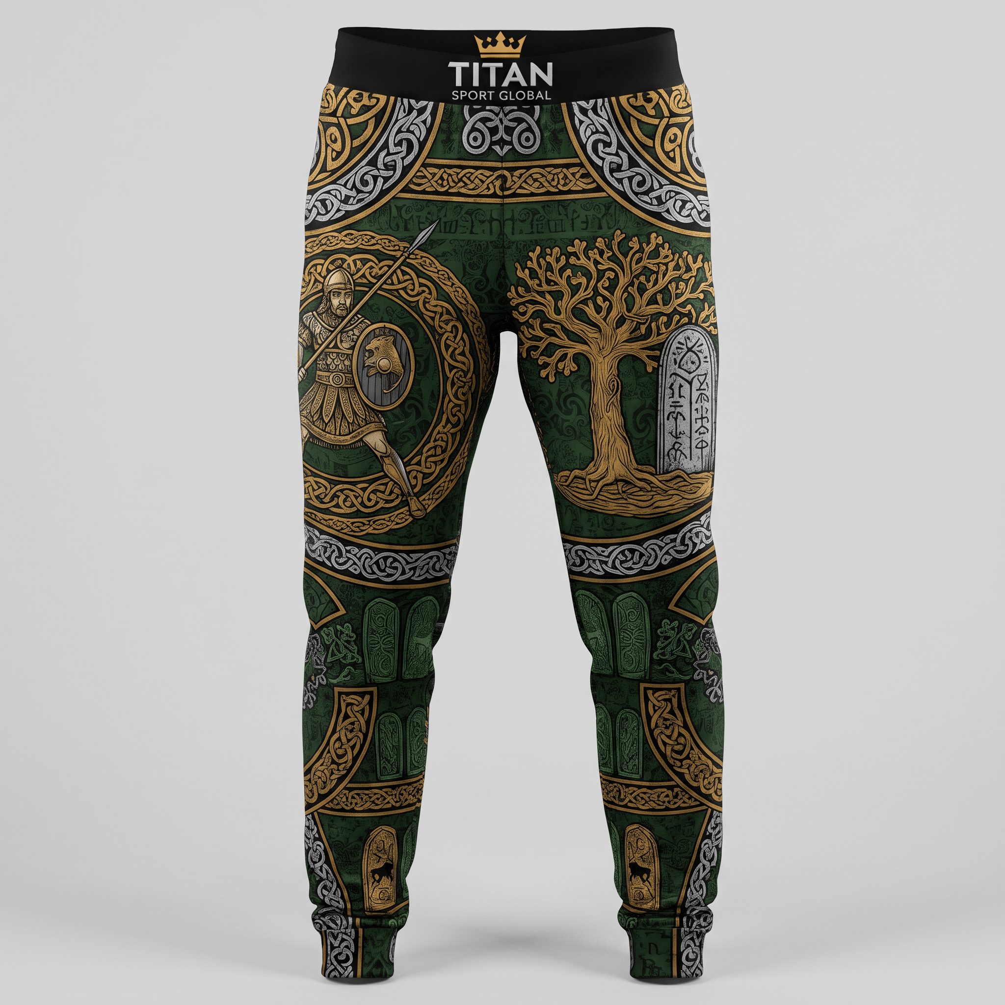 Green athletic pants featuring Norse mythology prints, a warrior graphic, and tree of life artwork.