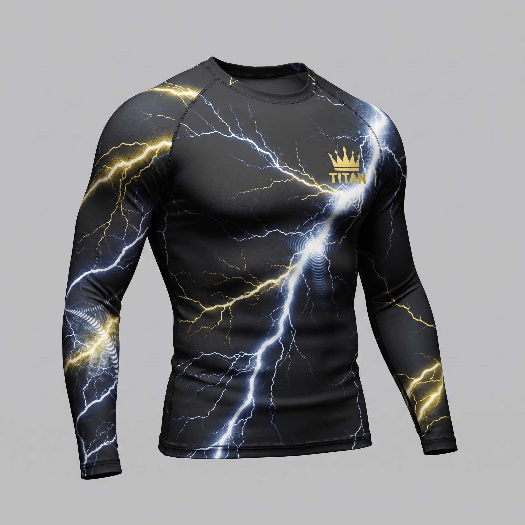 Black long-sleeve compression rash guard with gold and white lightning print and Titan crown logo.