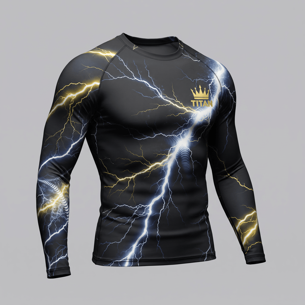 Black long-sleeve rash guard with gold and white lightning print and Titan crown logo.