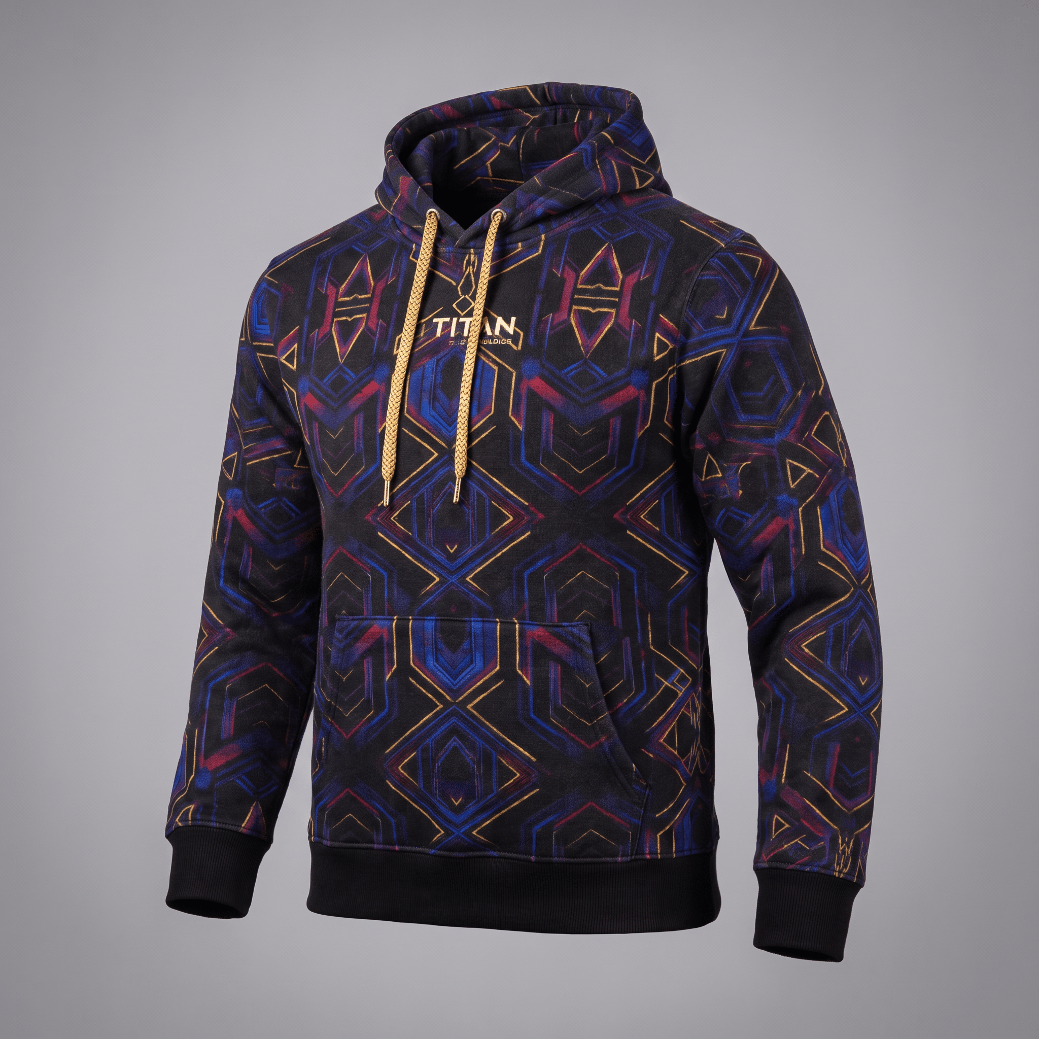 Black hoodie with geometric blue, red, and gold patterns, gold drawstrings, and a front pocket.