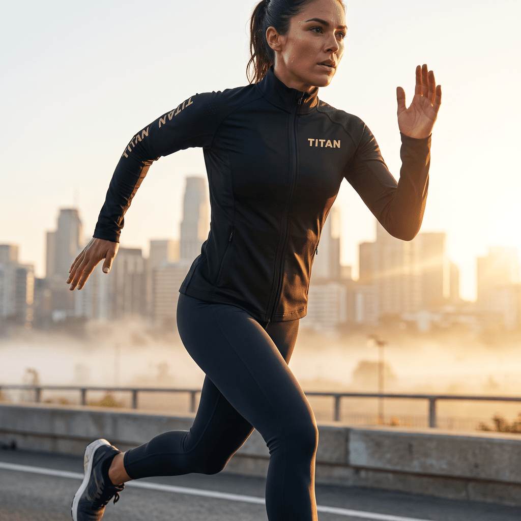 Female athlete running outdoors wearing a black TITAN lightweight sports jacket against a city skyline.