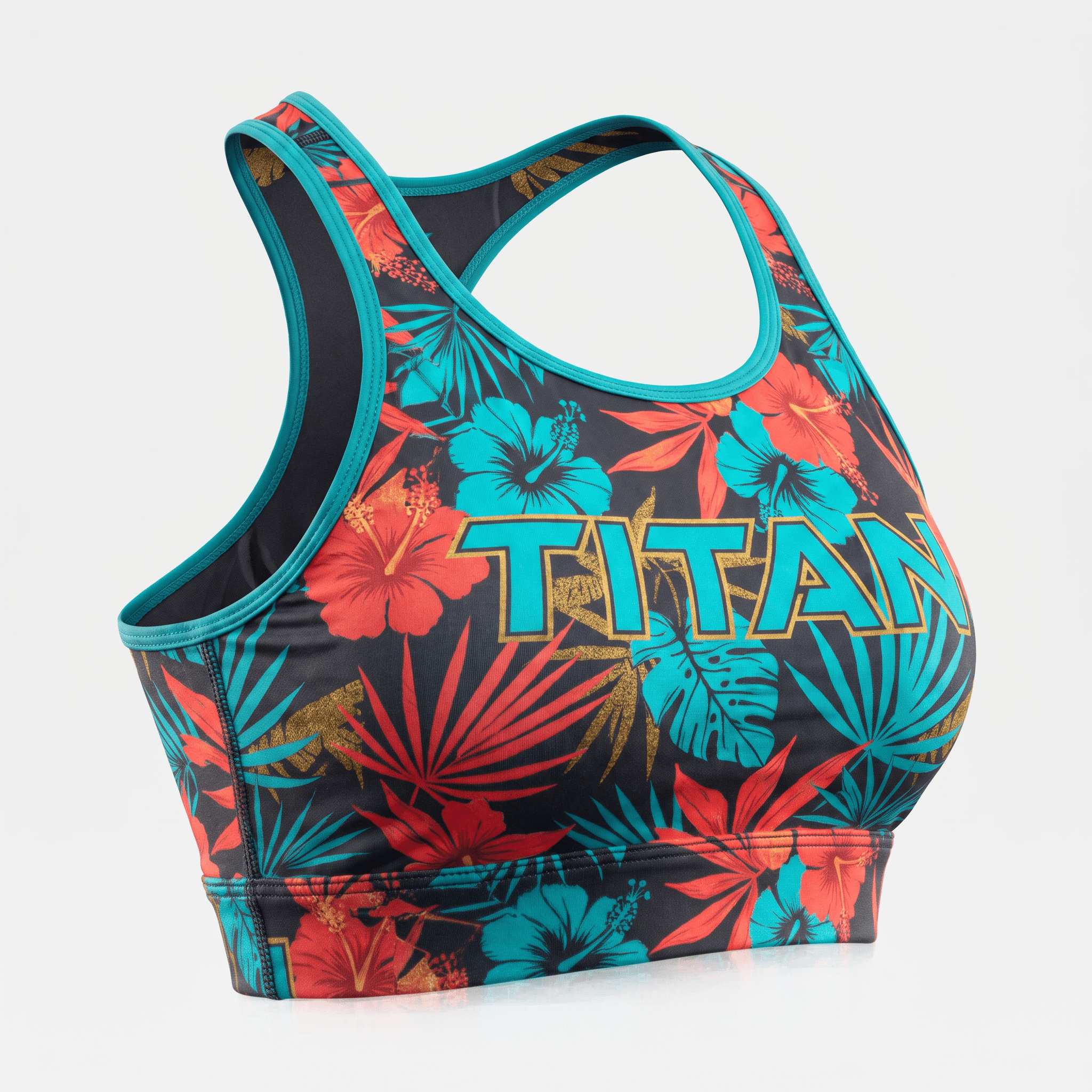 Black sports bra with a tropical floral pattern featuring red and blue flowers, teal trim, and the word TITAN.