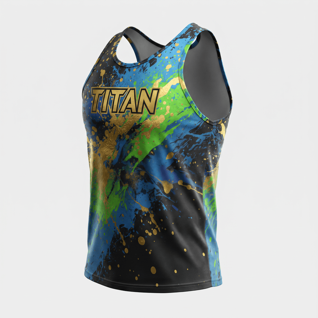 Titan athletic tank top with blue, green, and gold paint splatter design on black.