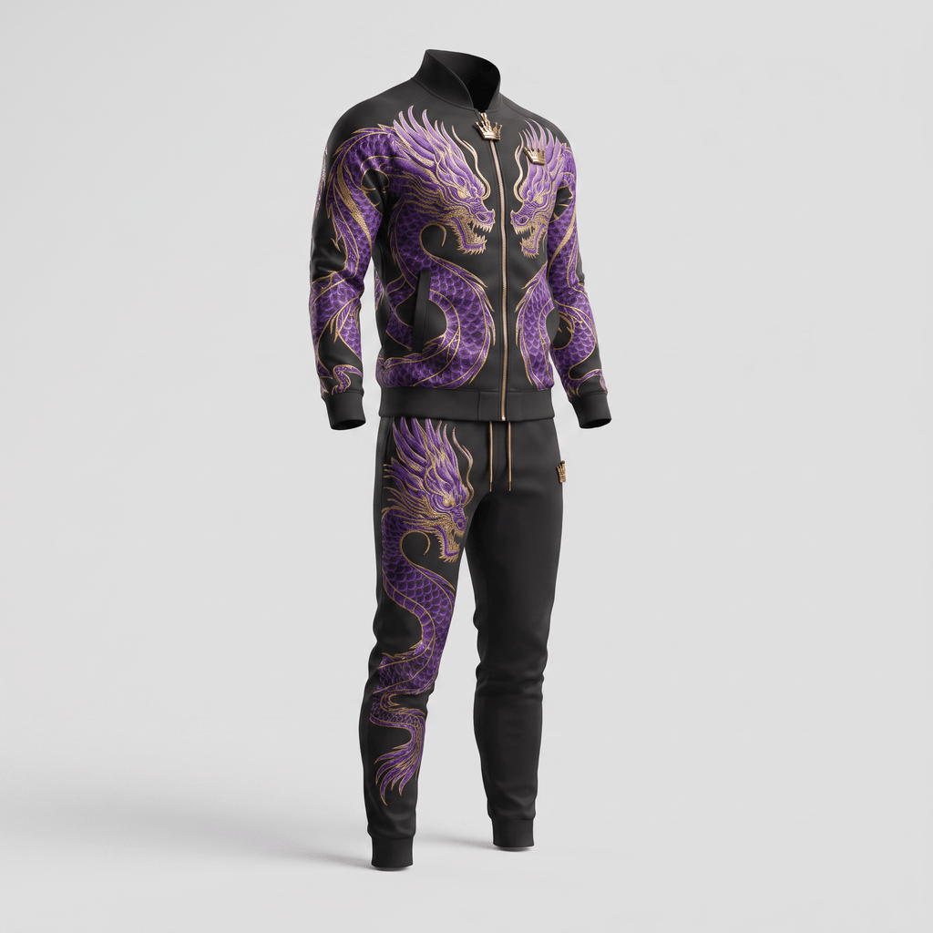 Black tracksuit featuring purple and gold dragon embroidery on the jacket and pants.
